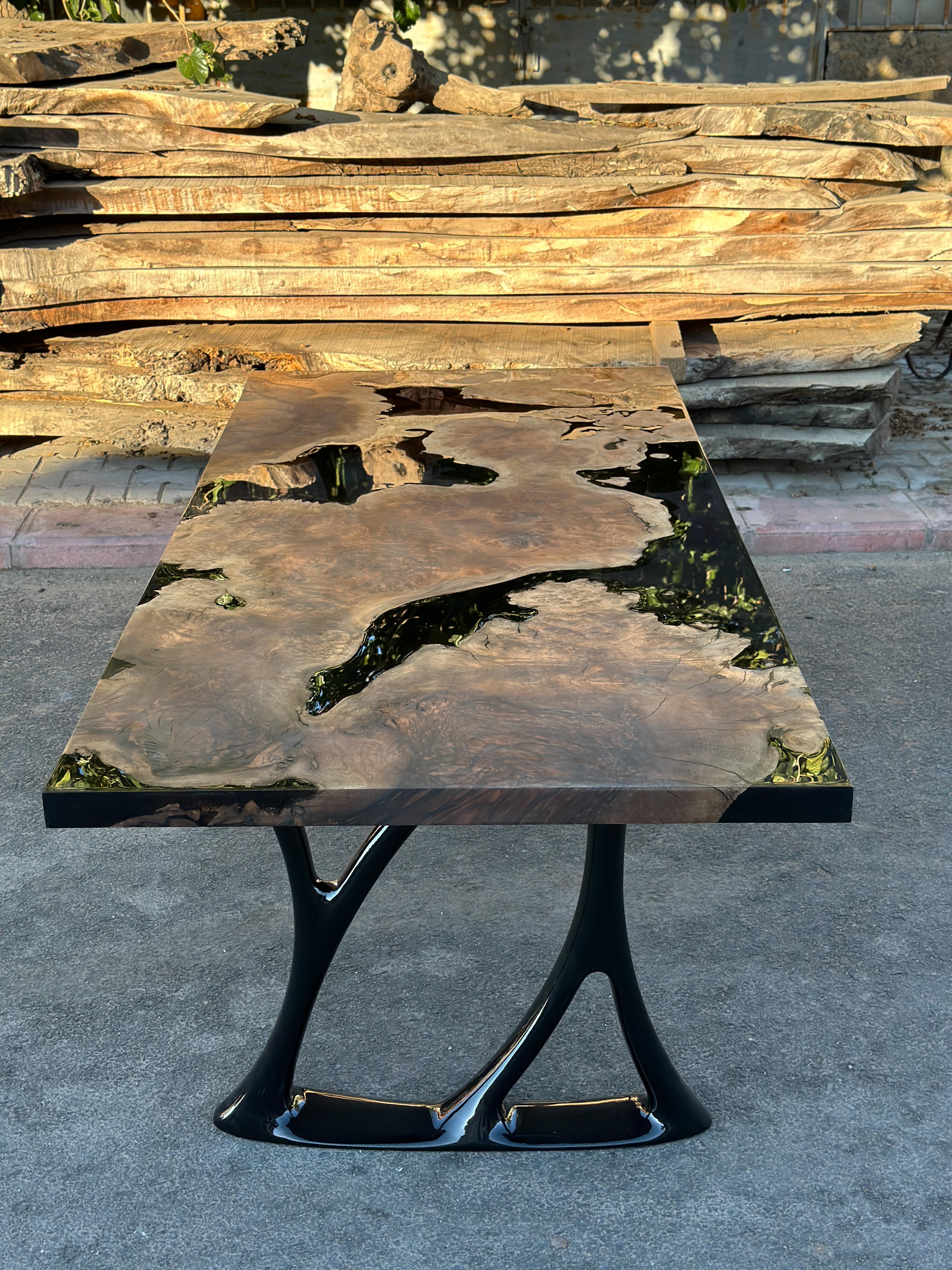 Rectangular Dining Table - Black Resin River Root Walnut Wood Table For Sale 2