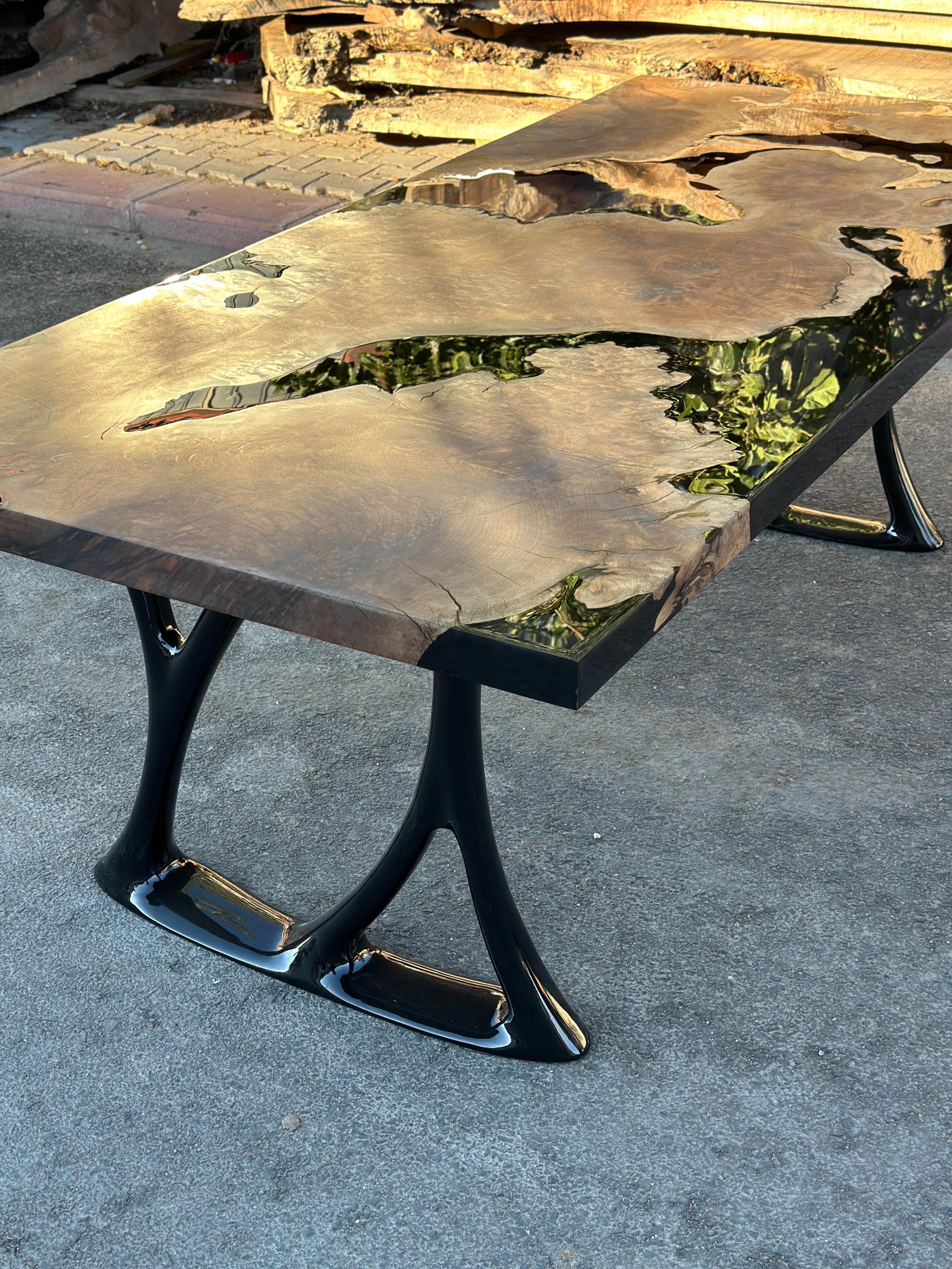Rectangular Dining Table - Black Resin River Root Walnut Wood Table For Sale 3