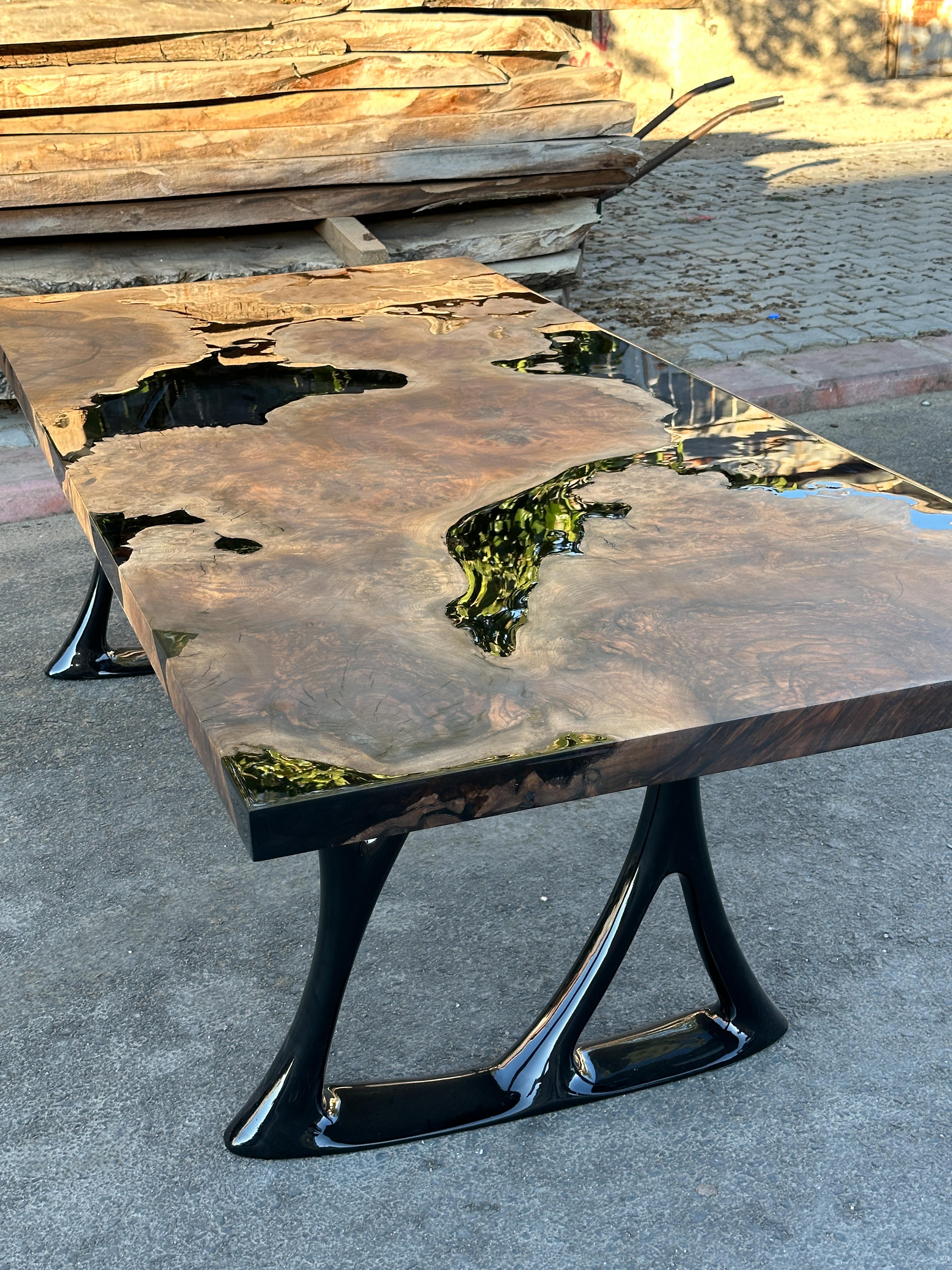 Brushed Rectangular Dining Table - Black Resin River Root Walnut Wood Table For Sale