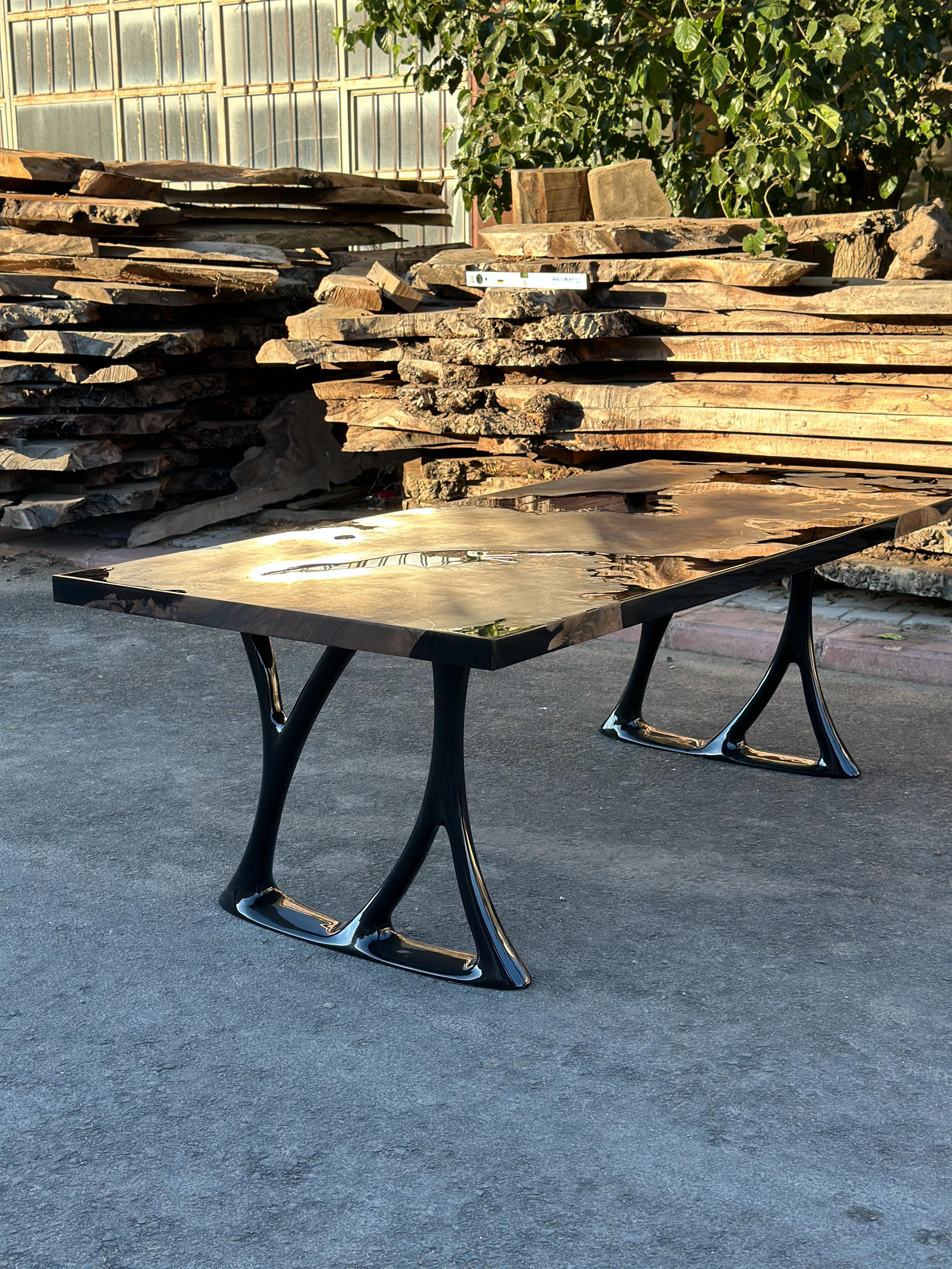 Contemporary Rectangular Dining Table - Black Resin River Root Walnut Wood Table For Sale