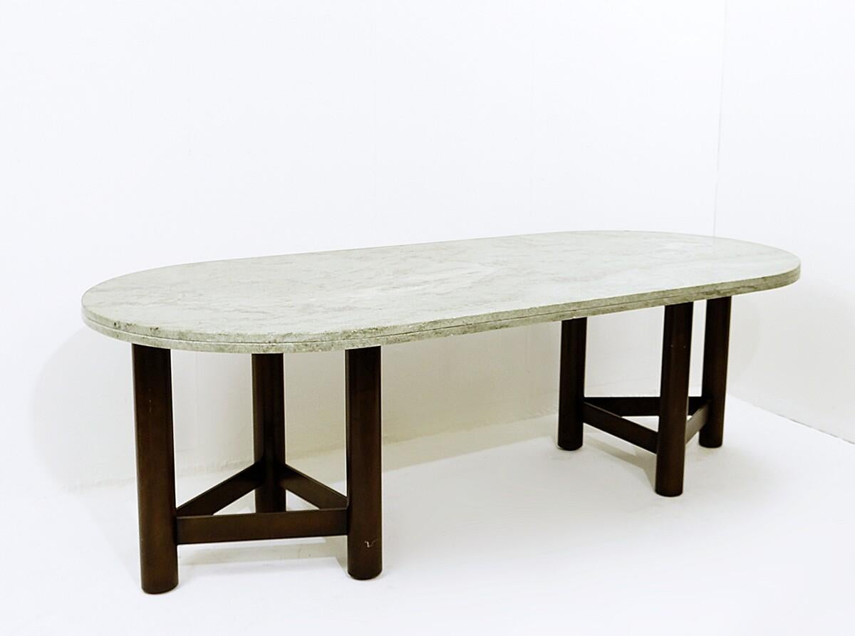 Mid-Century Modern Oval Dining Table by Charles Kreglinger with Celadon Green Marble Top and Steel