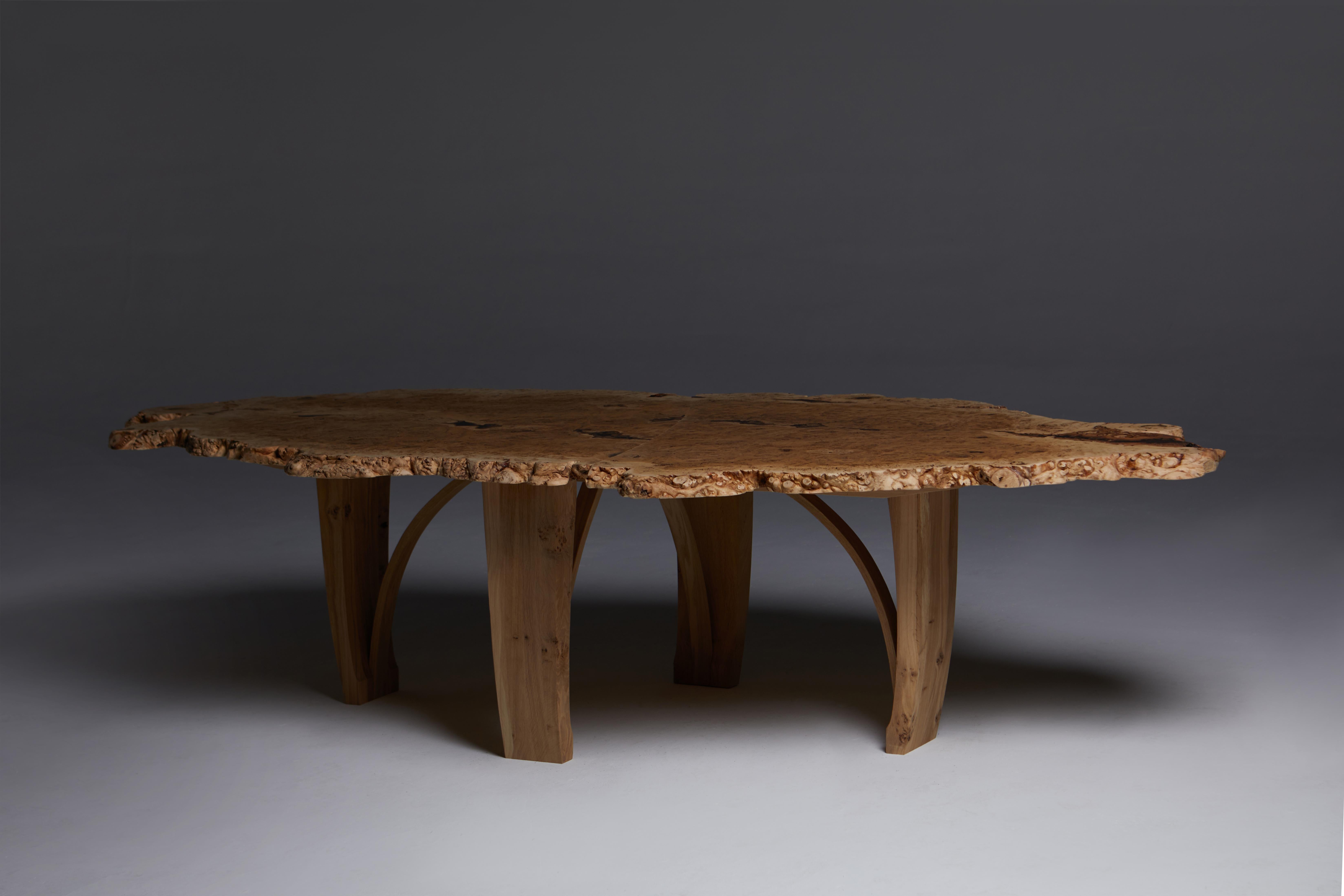 Hand-Crafted Oval Dining Table in solid English Burr Oak by Jonathan Field. One of a kind.  For Sale