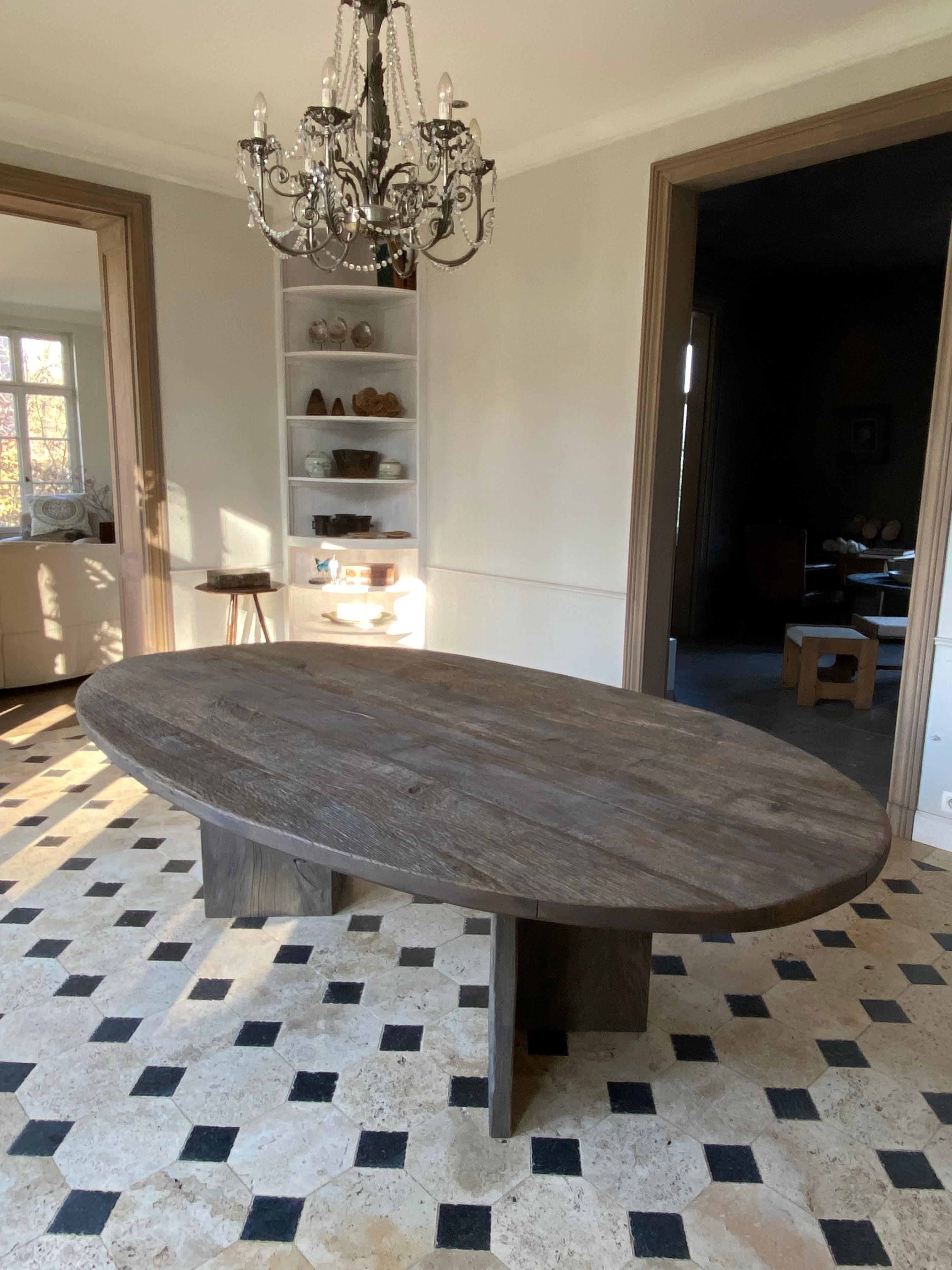 Bleached Oval Dining Table in 18th Century Oak Wood