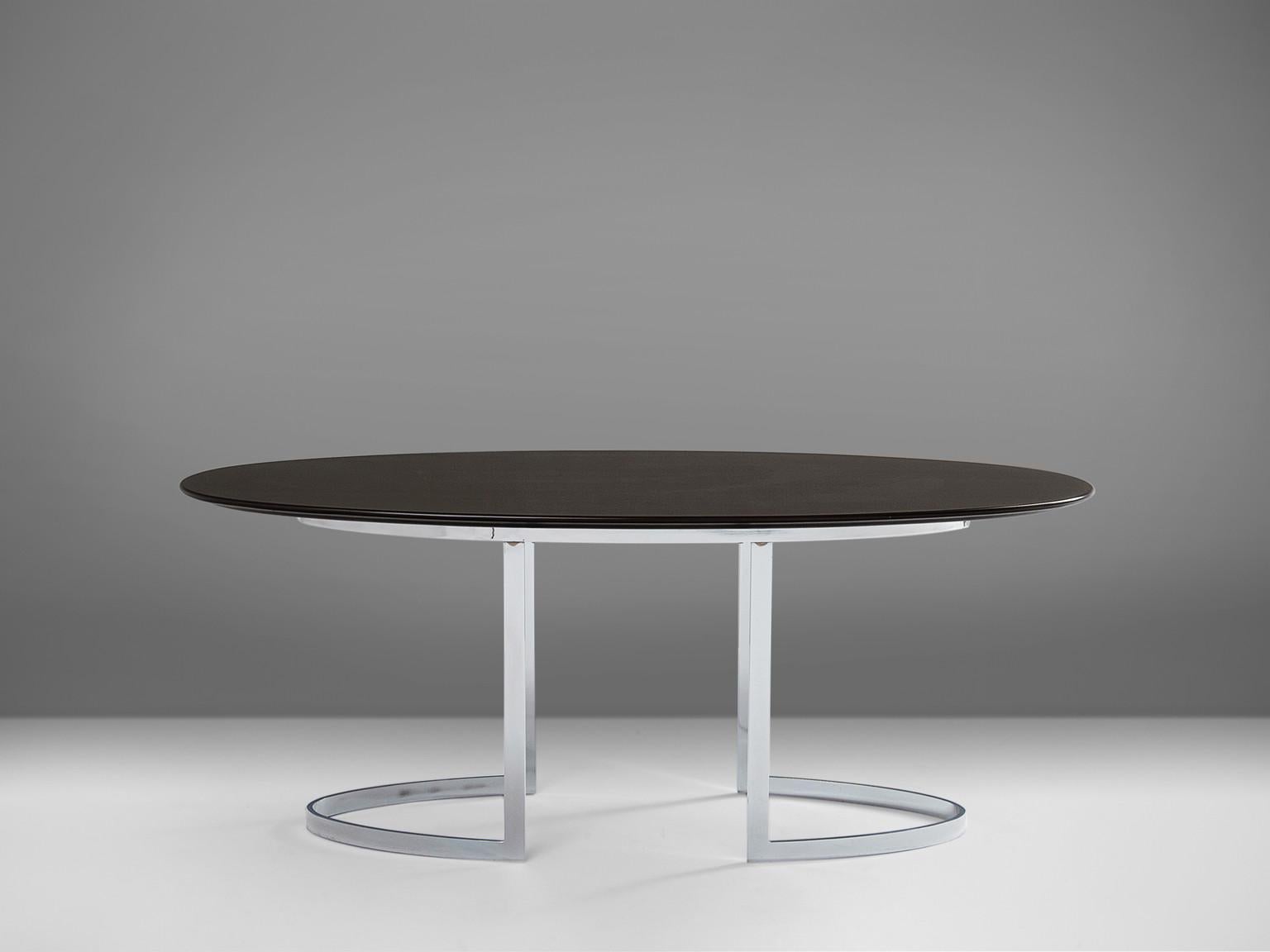 Post-Modern Oval Dining Table in Chrome-plated Steel and Black Lacquered Wood