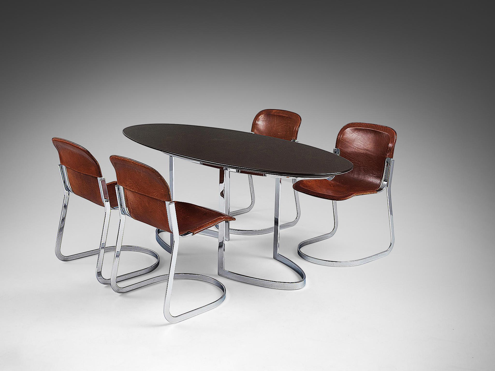Fin du 20e siècle Table de salle à manger ovale en acier chromé et Wood Wood laqué noir  en vente