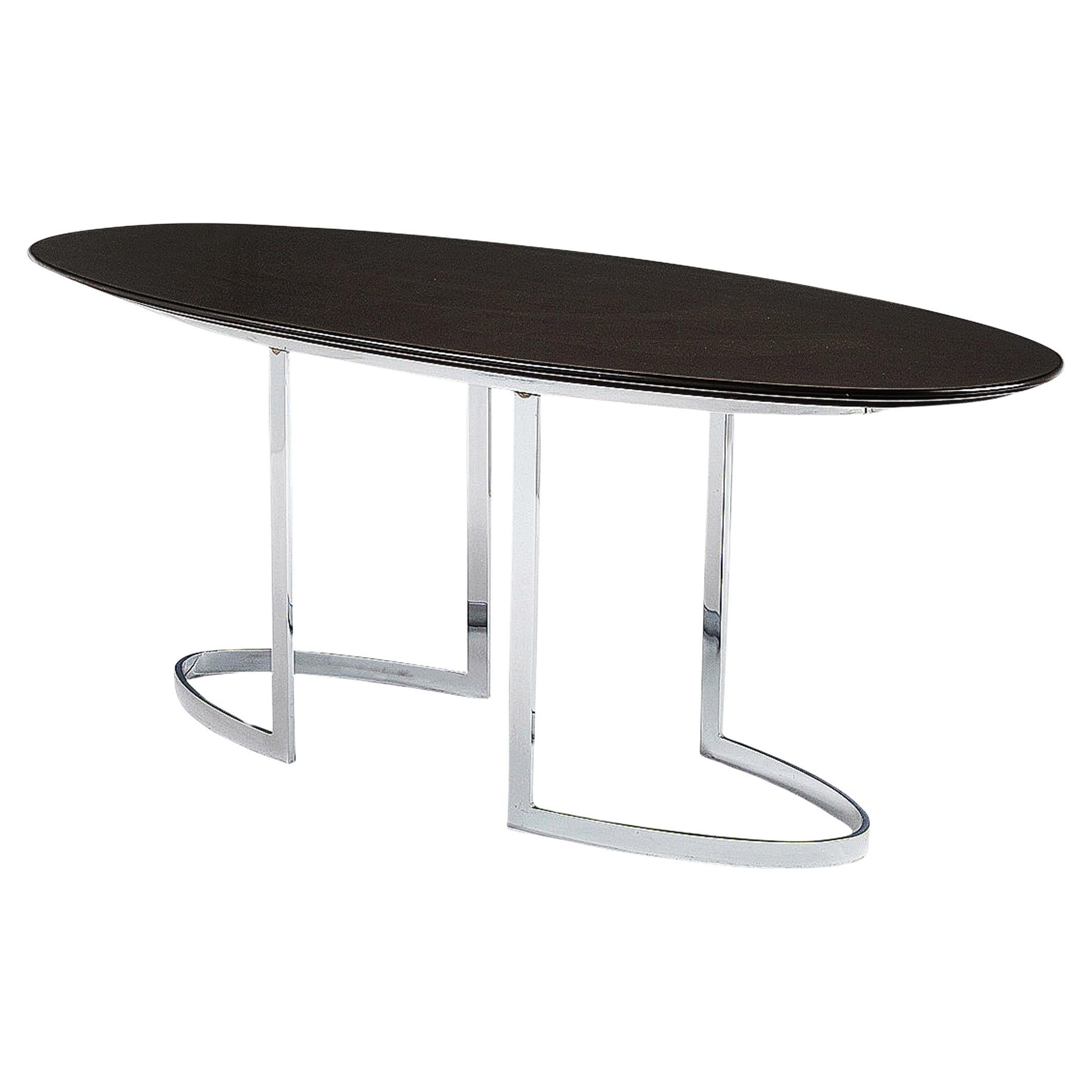 Oval Dining Table in Chrome-plated Steel and Black Lacquered Wood  For Sale