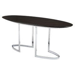 Used Oval Dining Table in Chrome-plated Steel and Black Lacquered Wood 