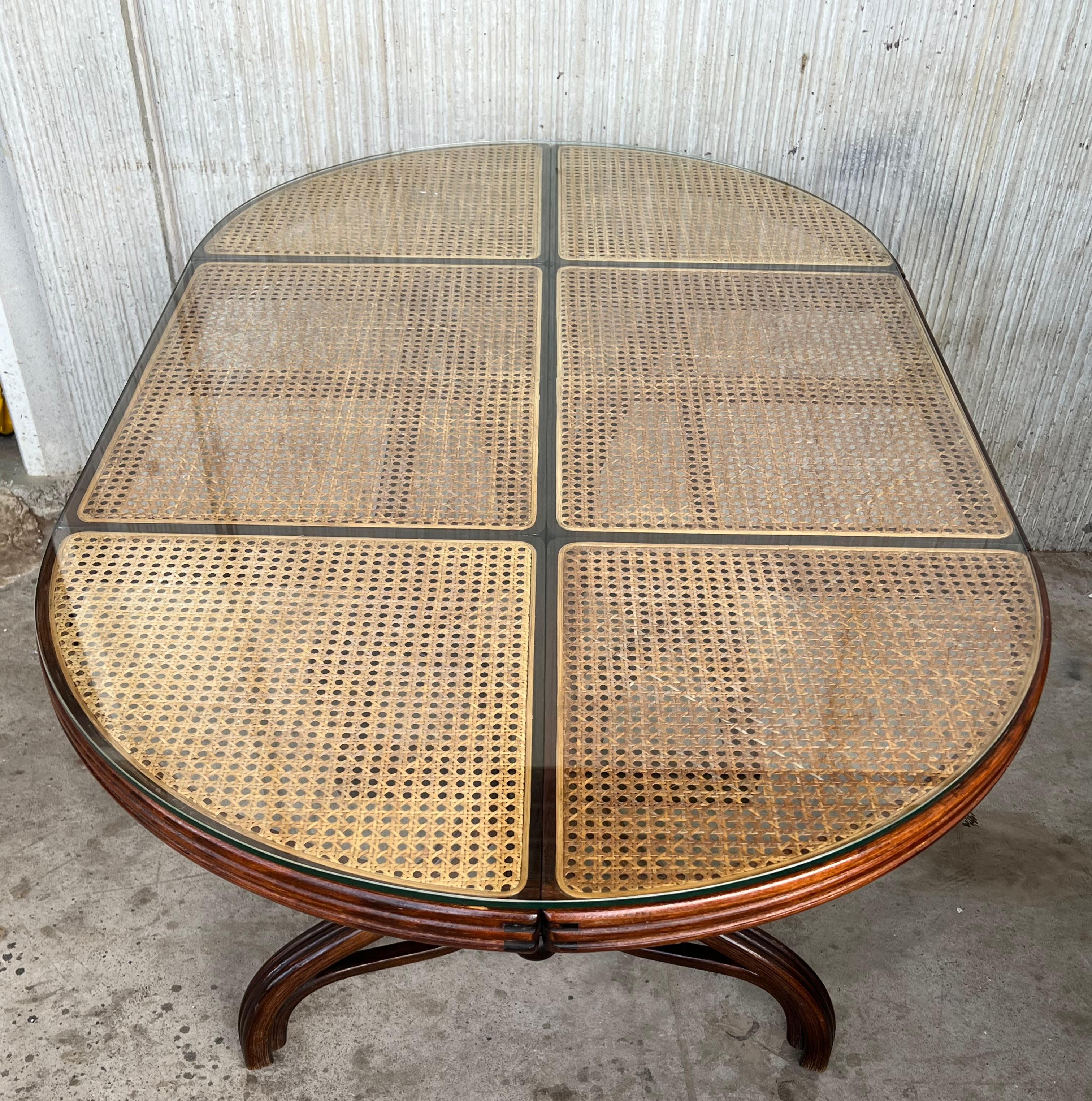Oval Dining Table in Wood, Cane and Glass, Germany, 1970s 7