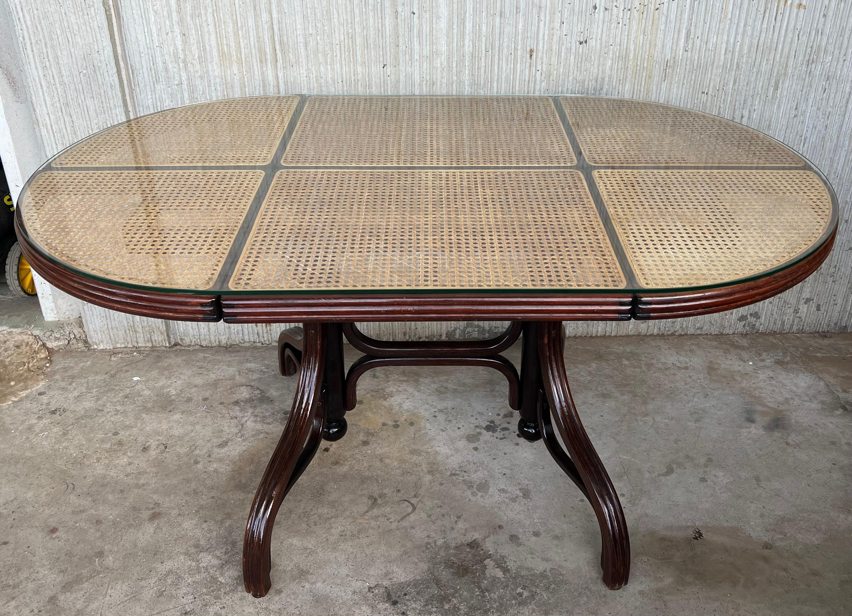 Mid-Century Modern Oval Dining Table in Wood, Cane and Glass, Germany, 1970s