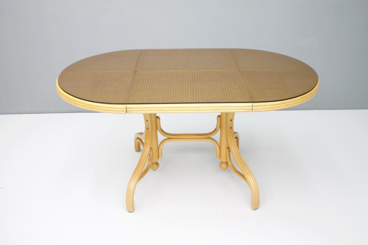 Mid-Century Modern Oval Dining Table in Wood Cane and Glass Germany 1970s Thonet For Sale