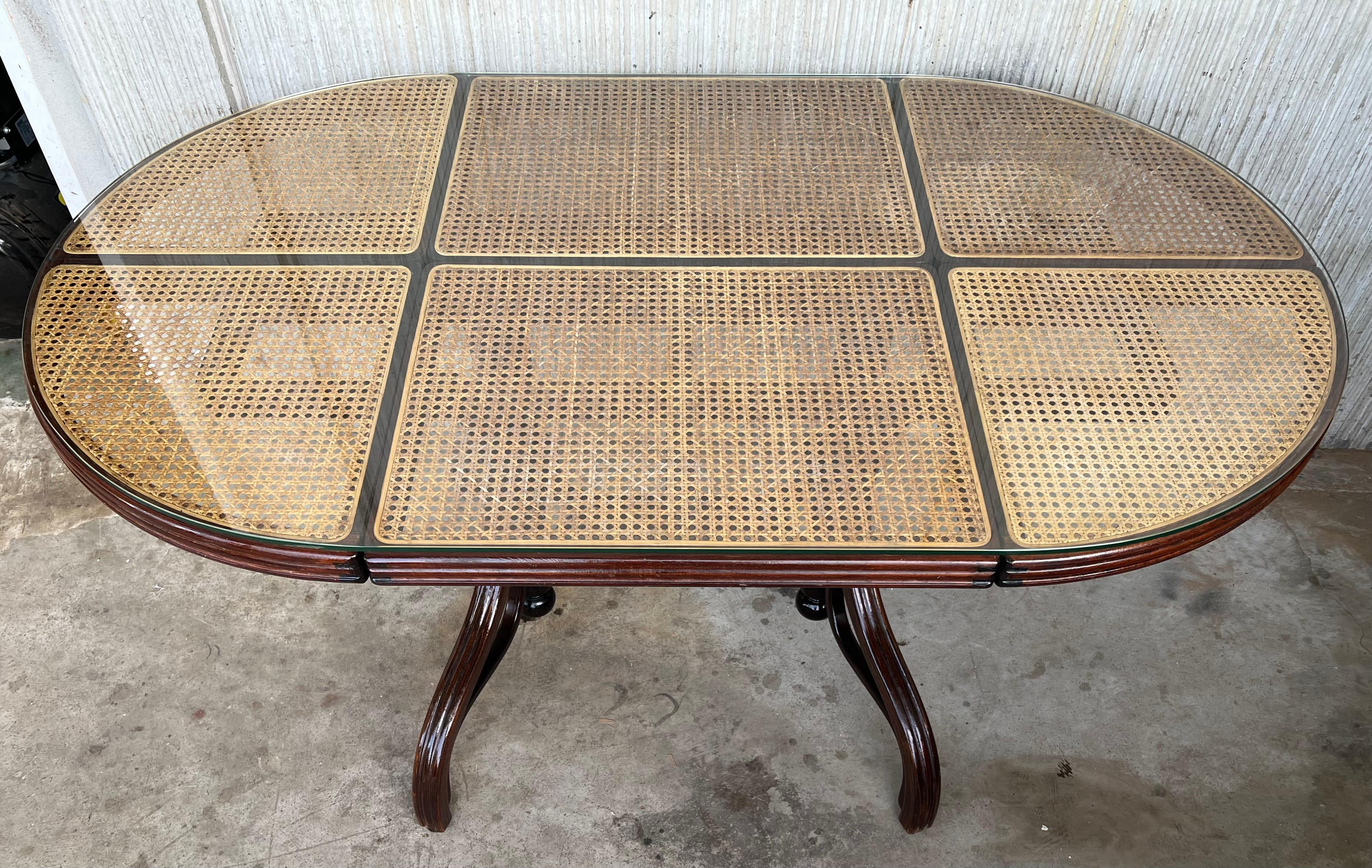 Oval Dining Table in Wood, Cane and Glass, Germany, 1970s In Good Condition In Miami, FL