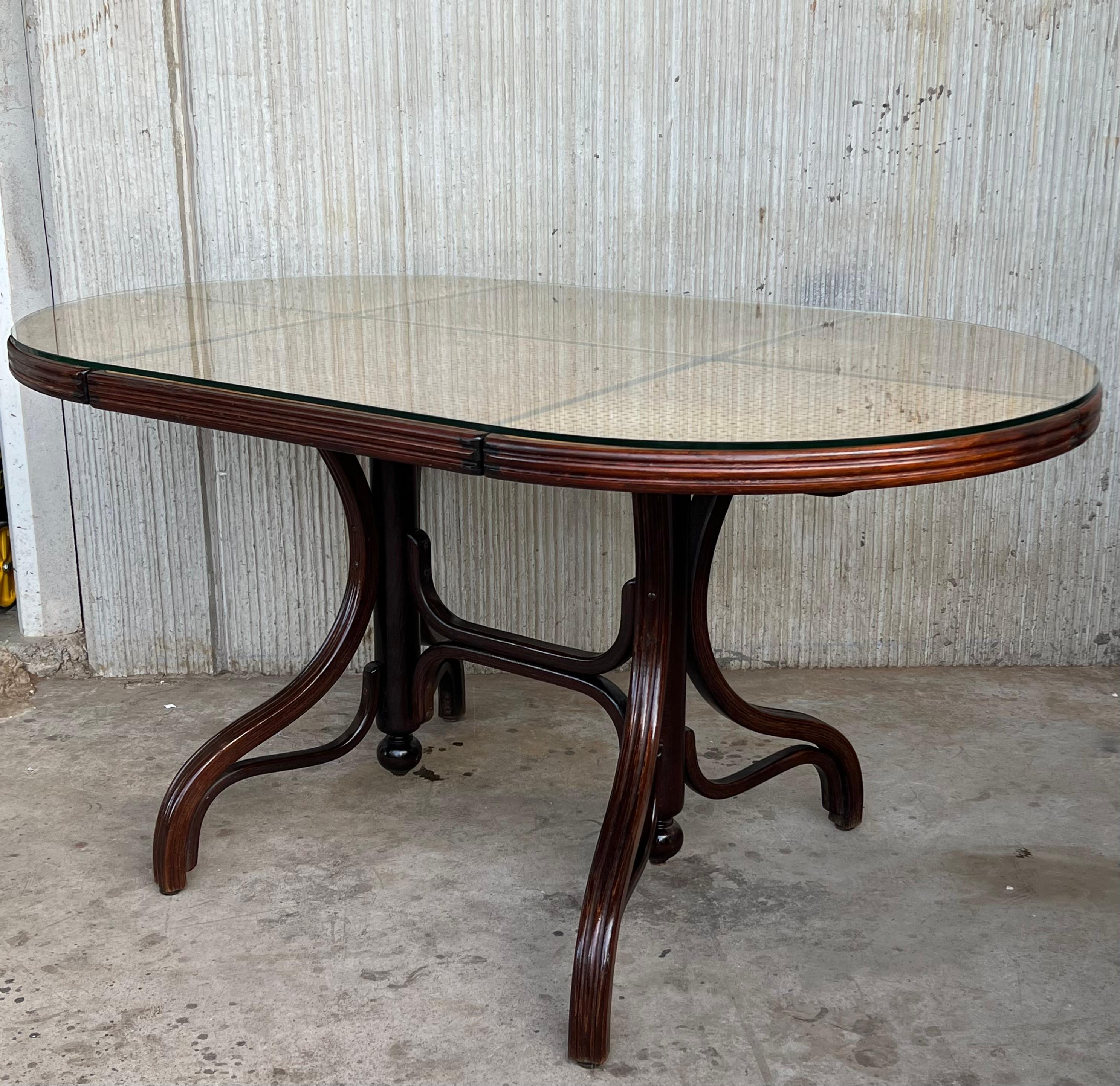 20th Century Oval Dining Table in Wood, Cane and Glass, Germany, 1970s