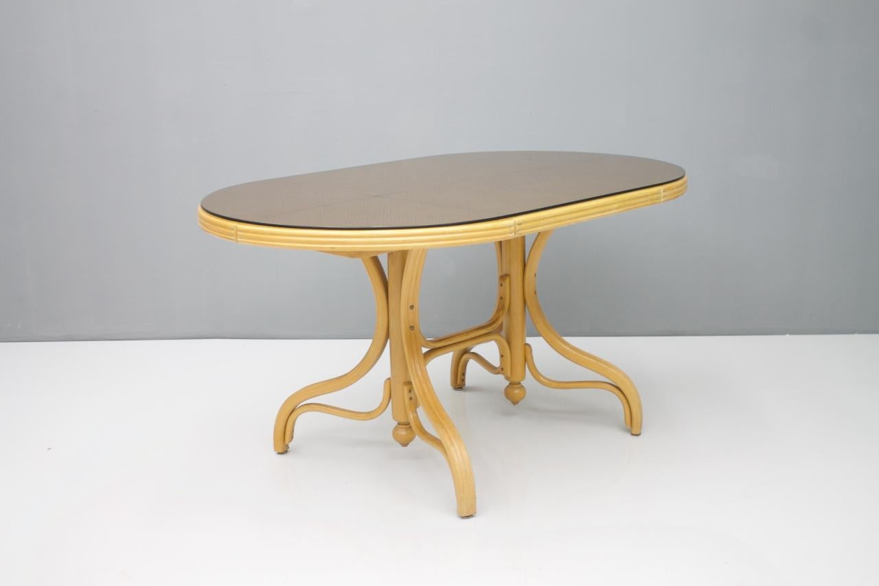 Late 20th Century Oval Dining Table in Wood Cane and Glass Germany 1970s Thonet For Sale