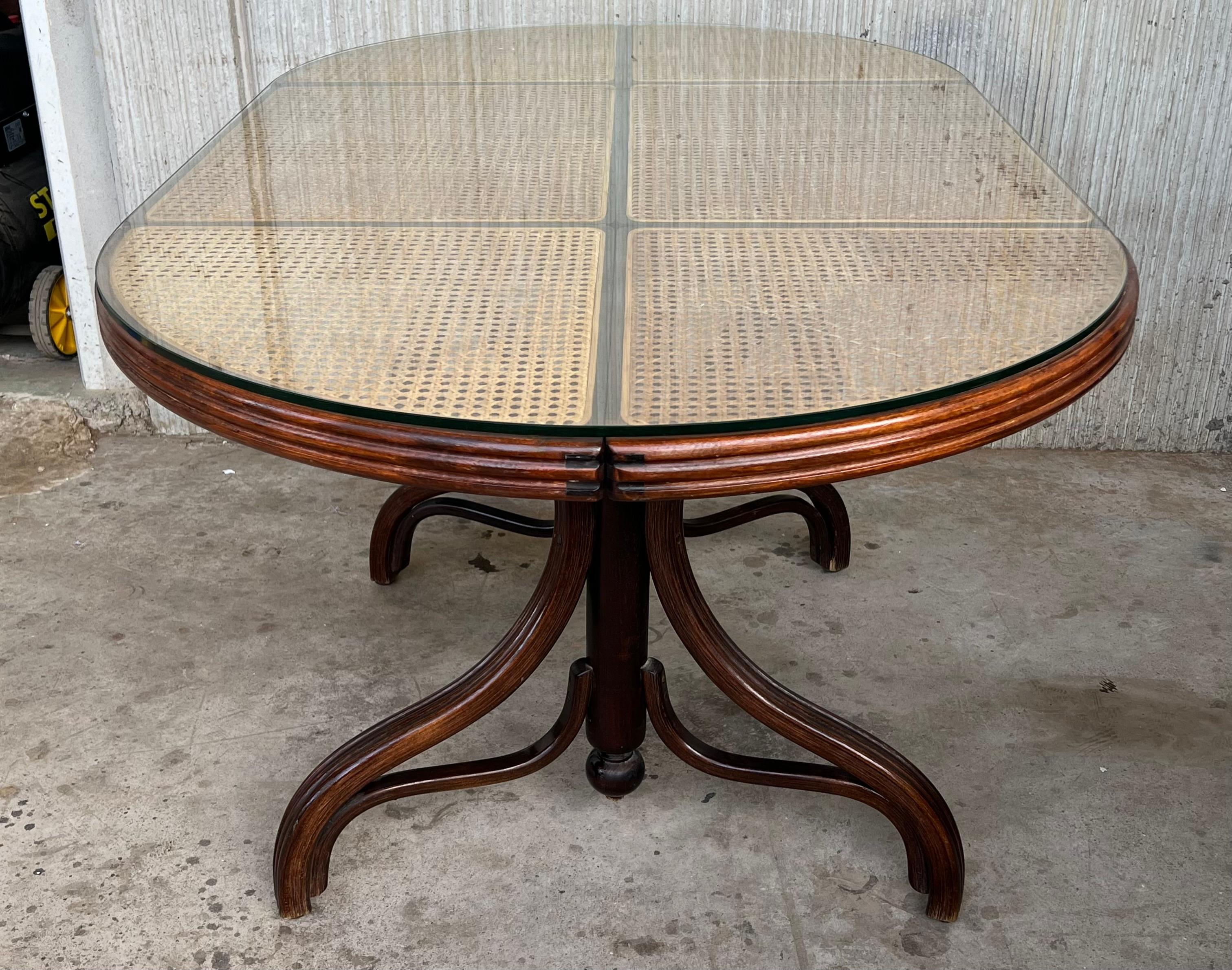 Oval Dining Table in Wood, Cane and Glass, Germany, 1970s 1