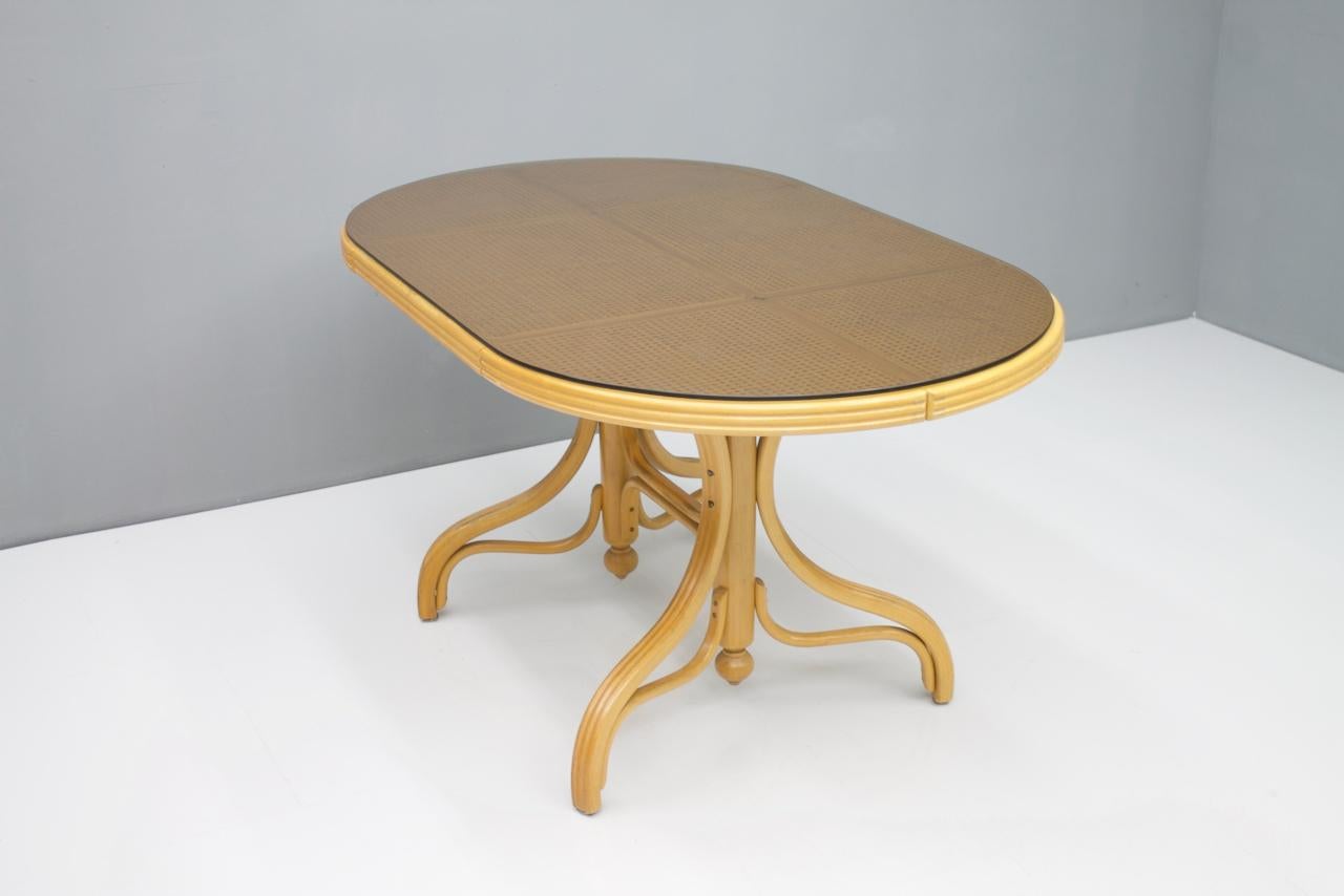 Oval Dining Table in Wood Cane and Glass Germany 1970s Thonet For Sale 1