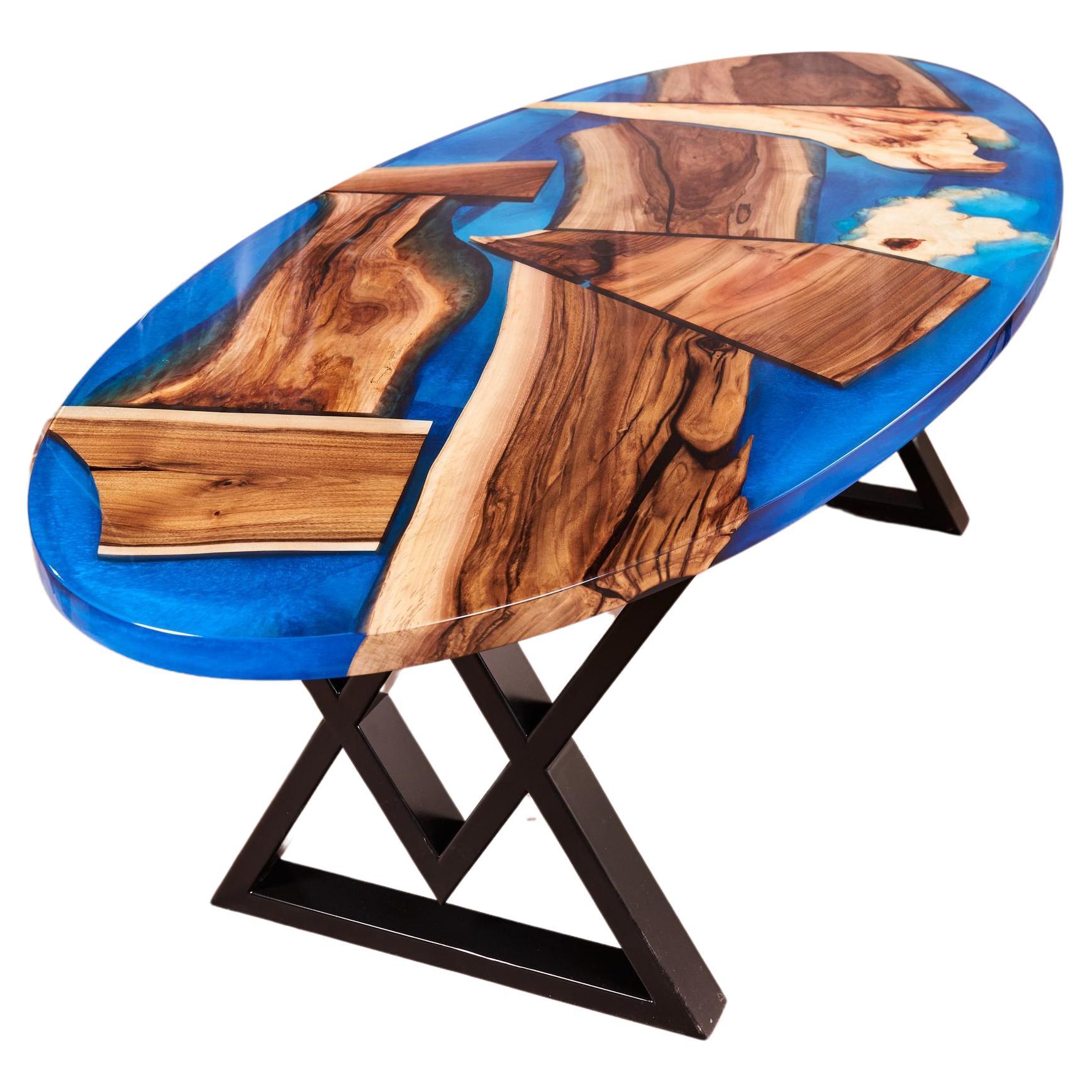 Waterfall Black Epoxy Resin Coffee Table and Walnut Wood Center Table For  Sale at 1stDibs