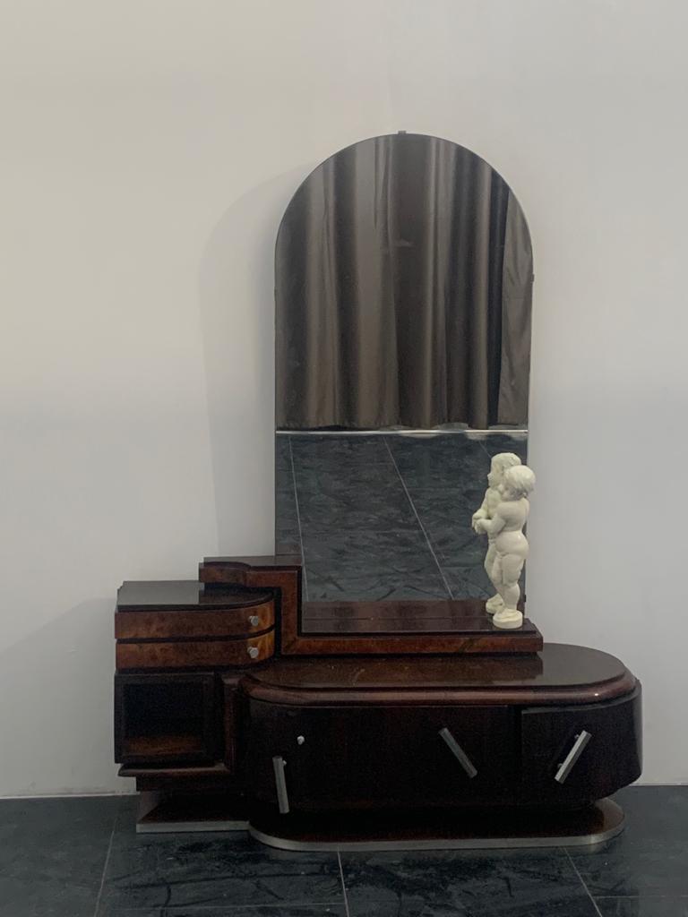 Art Deco Oval Dressing Table & Mirror with Cherub Carving by Ducrot, 1920s, Set of 2