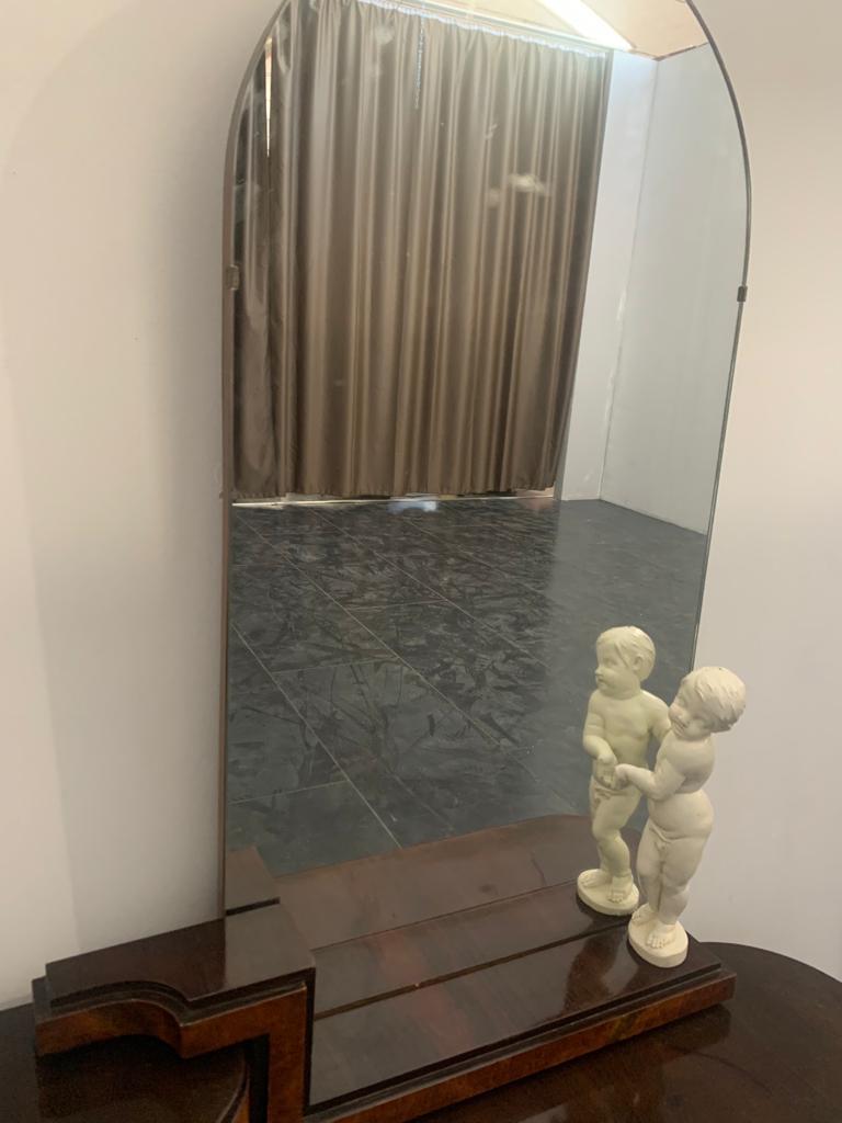Steel Oval Dressing Table & Mirror with Cherub Carving by Ducrot, 1920s, Set of 2