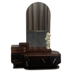Antique Oval Dressing Table & Mirror with Cherub Carving by Ducrot, 1920s, Set of 2