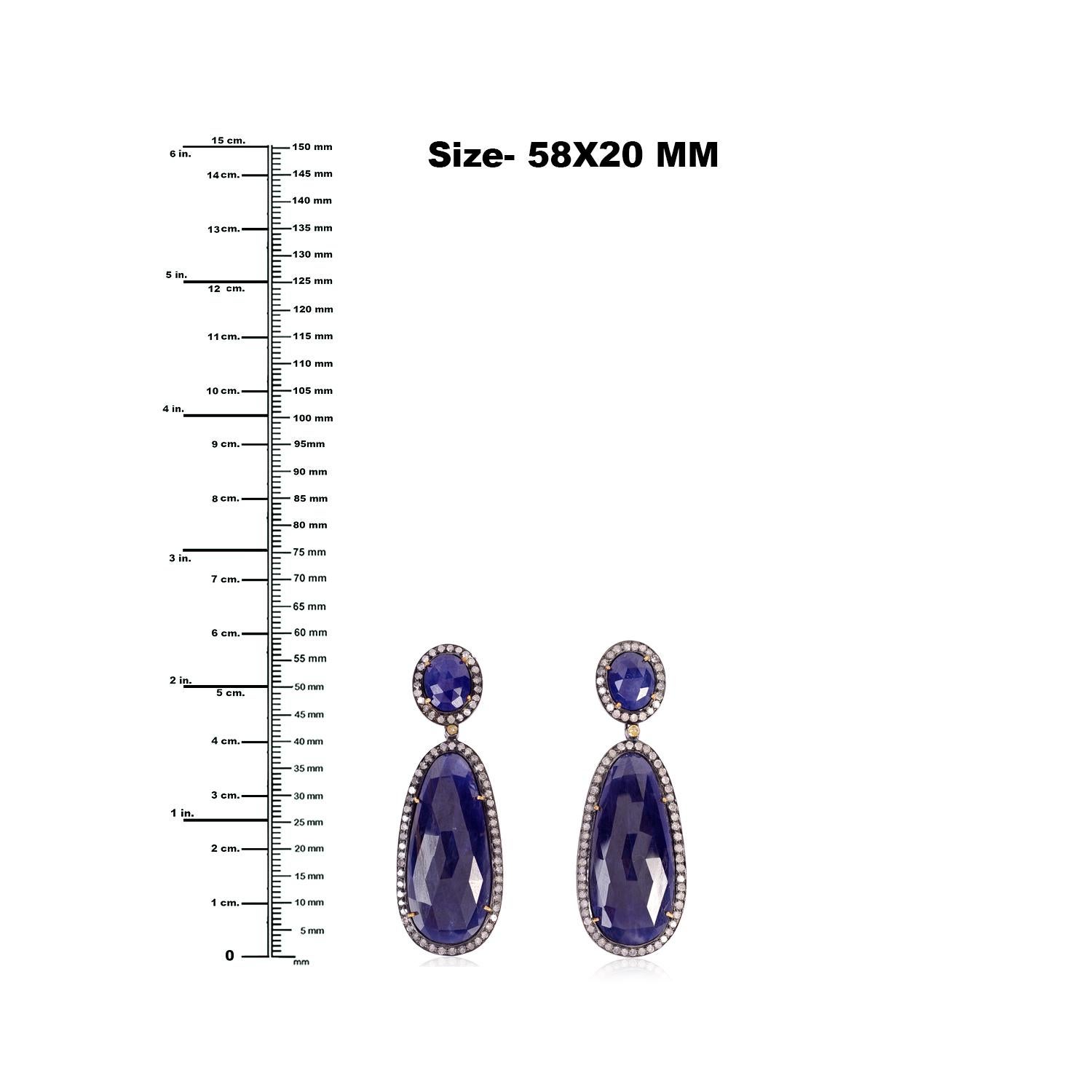 Mixed Cut Oval & Drop Shaped Sapphire Earrings with Pave Diamonds in 18k Gold & Silver For Sale