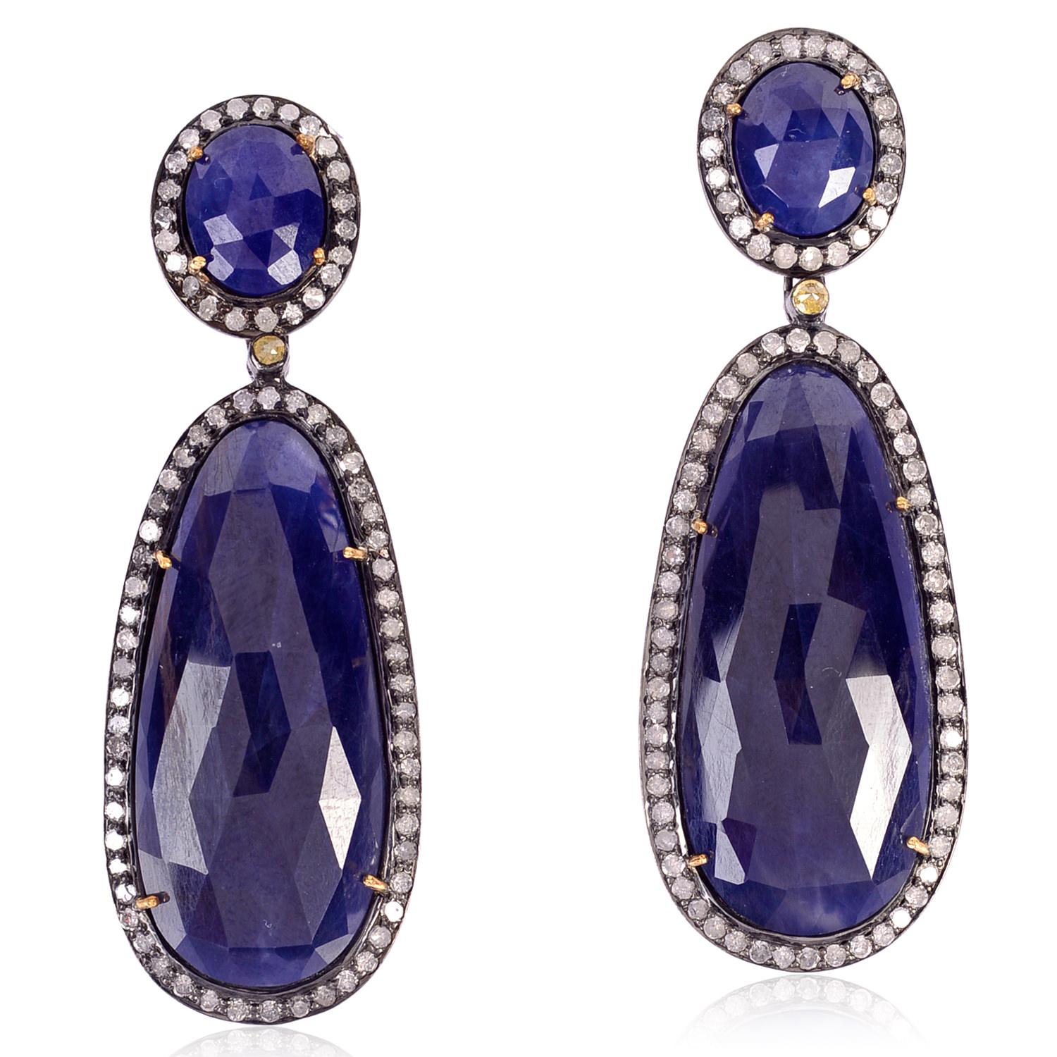 Oval & Drop Shaped Sapphire Earrings with Pave Diamonds in 18k Gold & Silver In New Condition For Sale In New York, NY