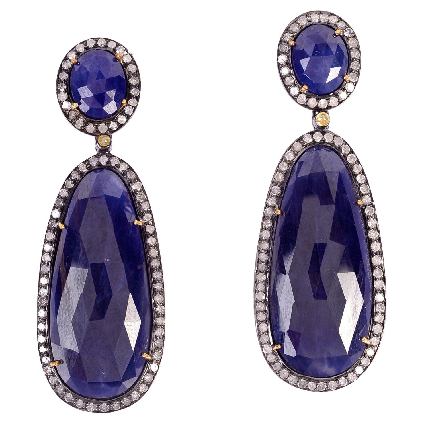Oval & Drop Shaped Sapphire Earrings with Pave Diamonds in 18k Gold & Silver For Sale