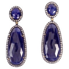 Ovale & tropfenförmige Saphir-Ohrringe mit Pavé-Diamanten aus 18 Karat Gold und Silber