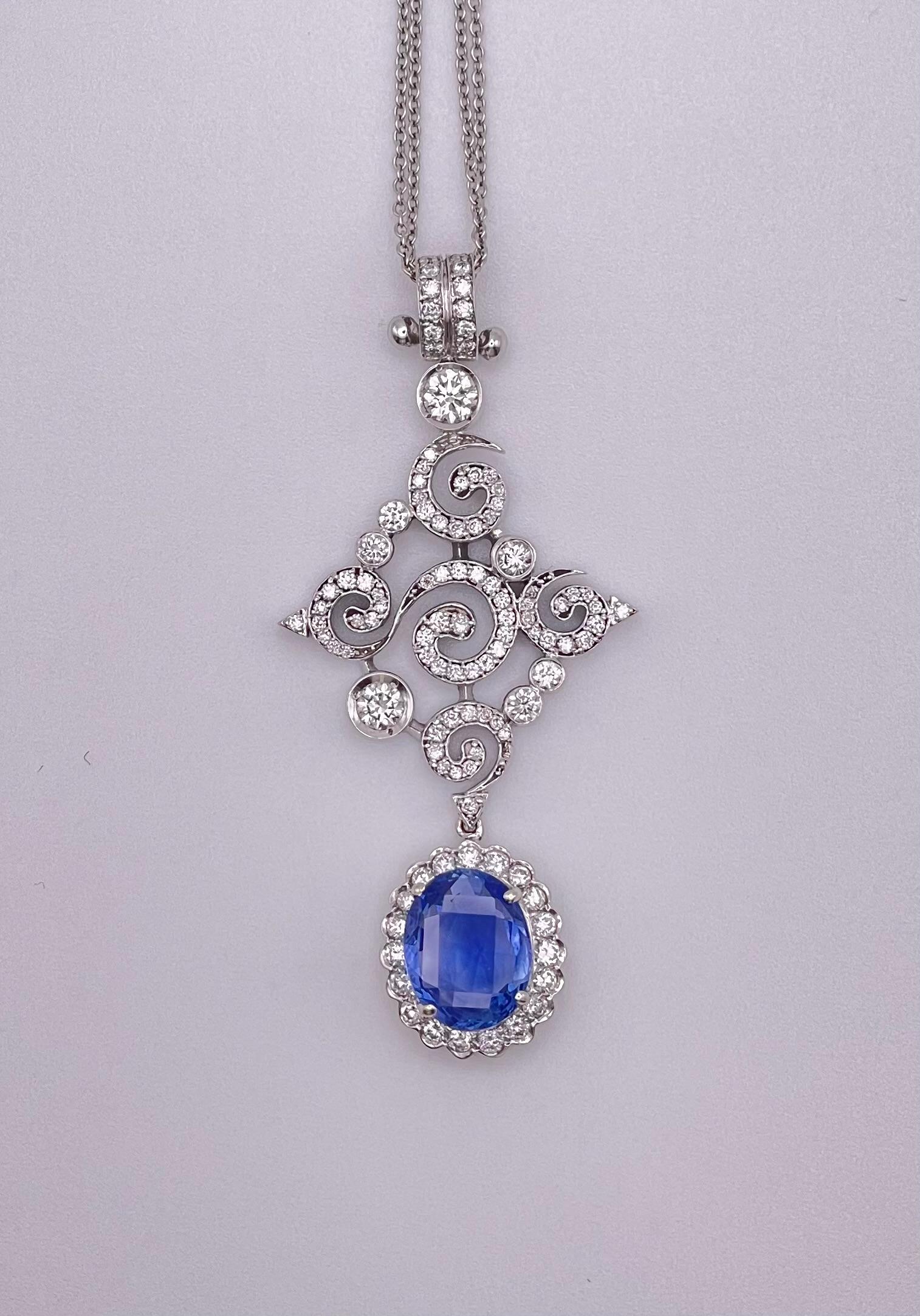 Oval Drop Sri Lanka Natural Sapphire & Diamond Pendent 'No Heat' In Excellent Condition For Sale In Firenze, FI