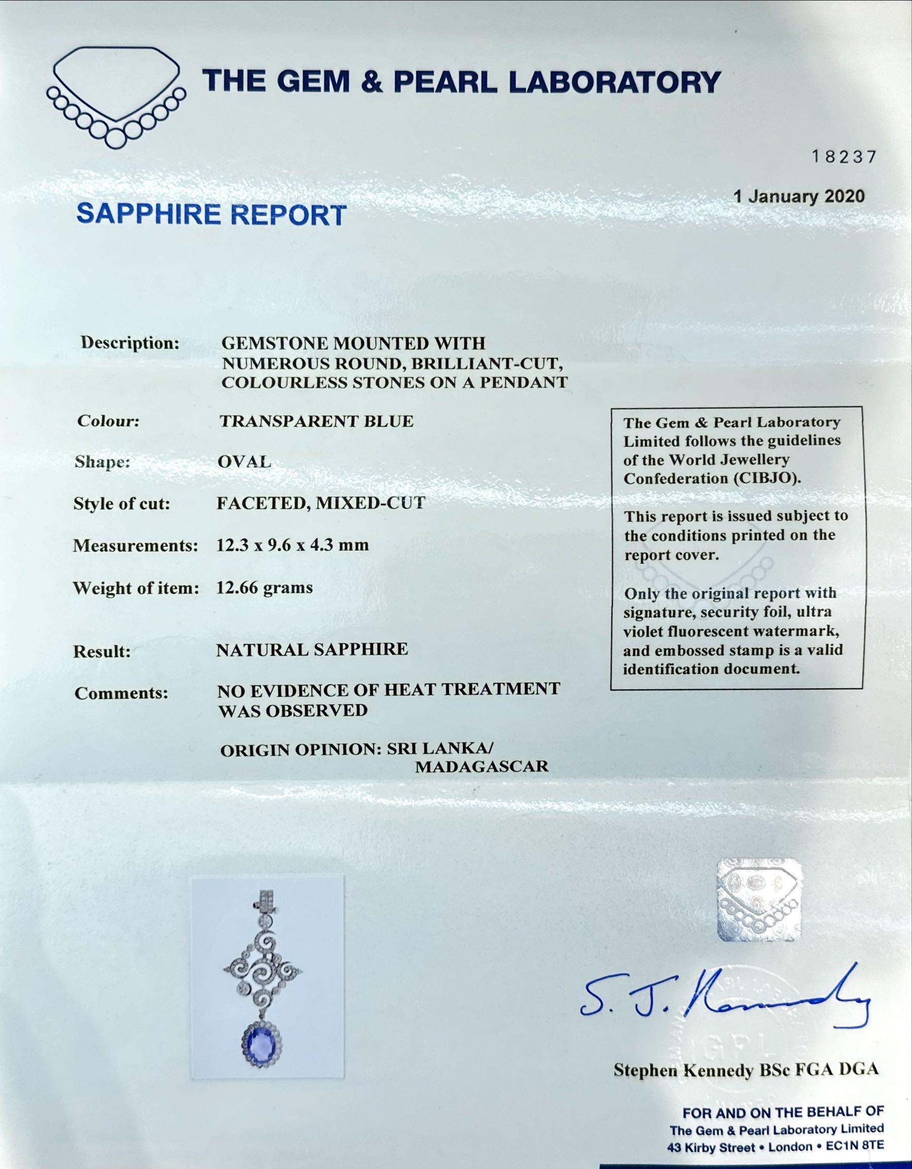 Oval Drop Sri Lanka Natural Sapphire & Diamond Pendent 'No Heat' For Sale 1