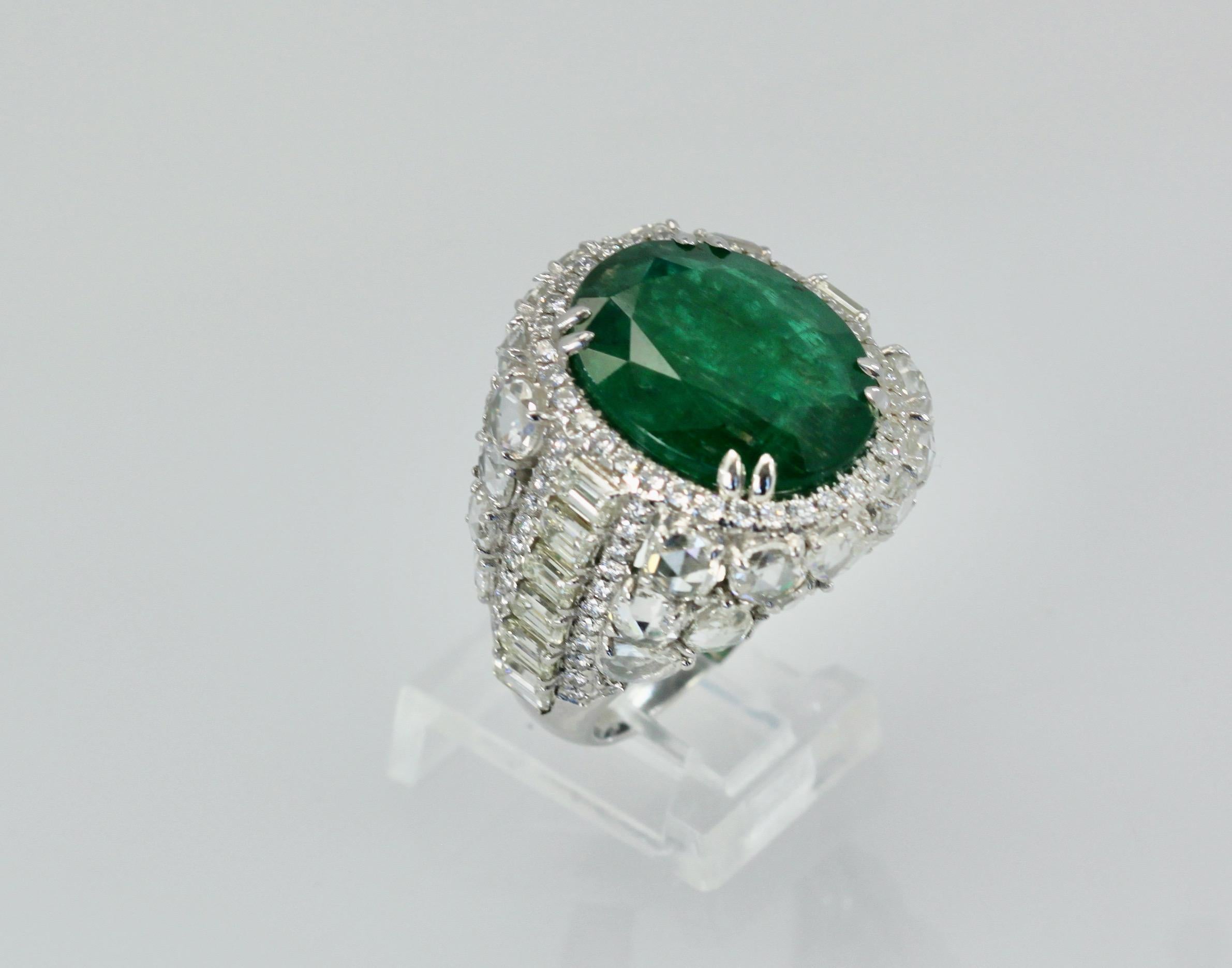 Oval Emerald 12.25 Carat Diamond Surround 8.85 Carat Total Weight 21.10 Carat For Sale 8