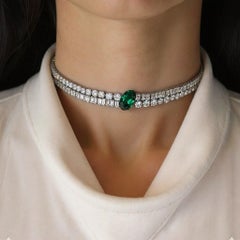 Oval Emerald 18K White Gold Diamond Choker Necklace
