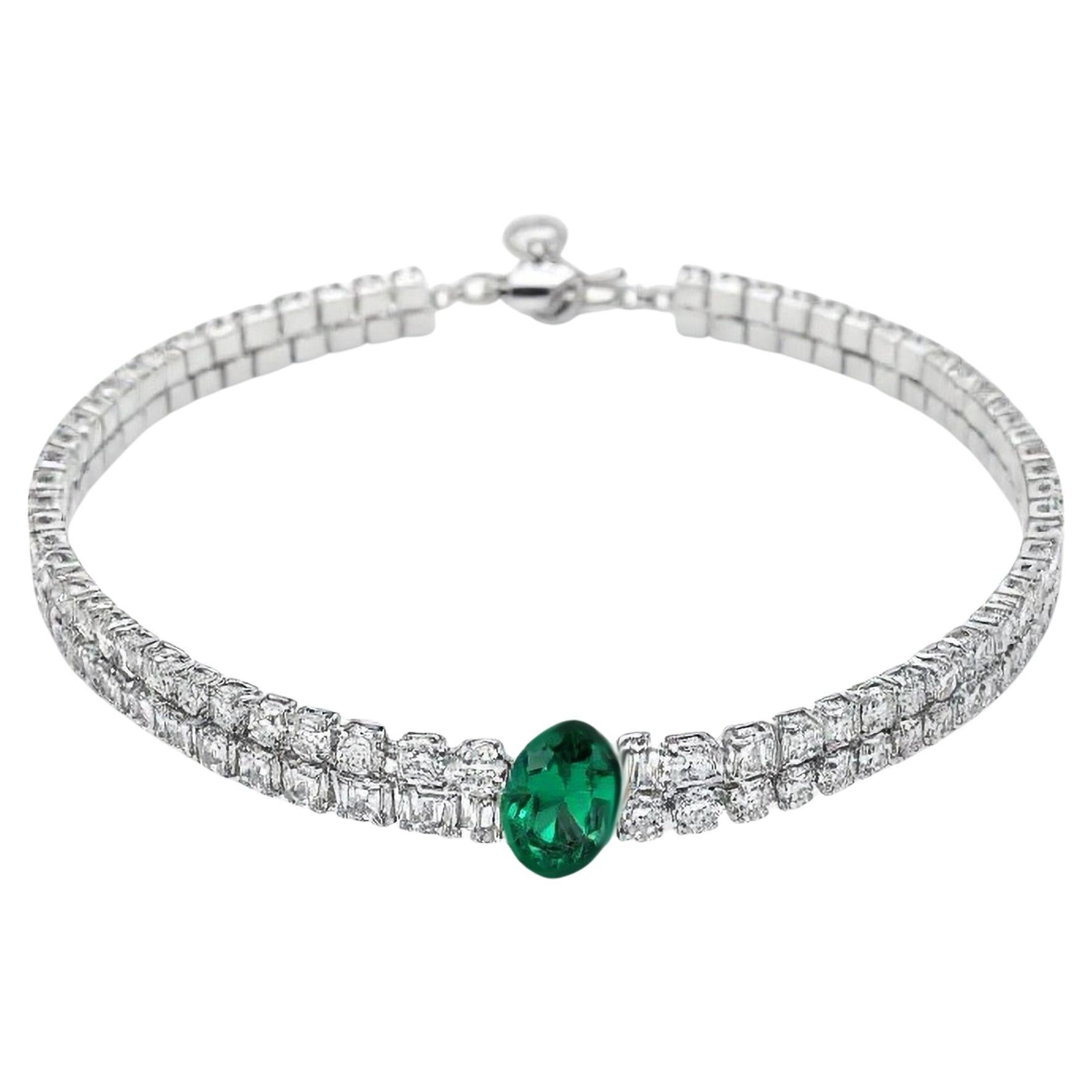 Ovaler Smaragd 18K Weißgold Diamant Choker Halskette im Angebot