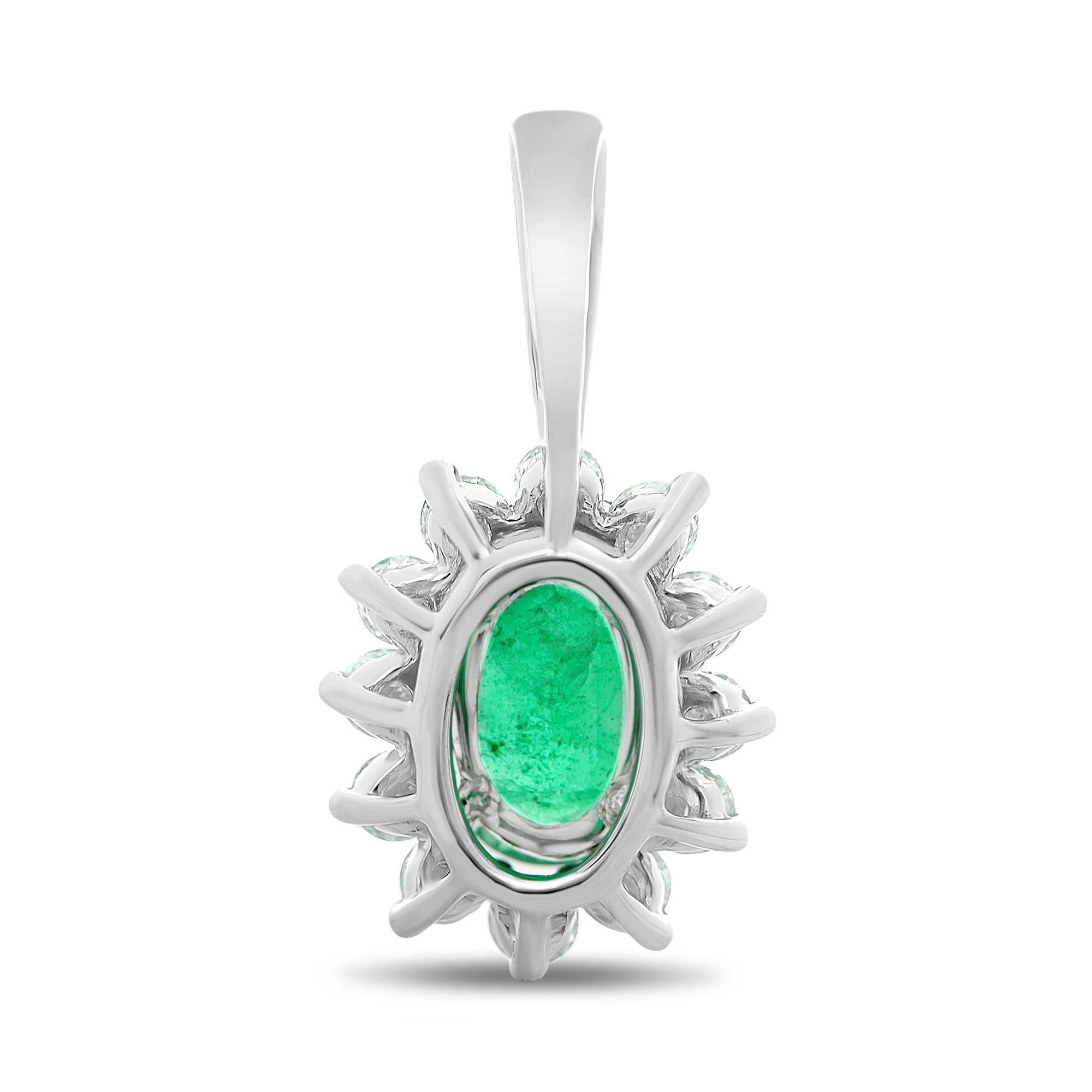 Oval Cut Oval Emerald, White Diamond, and 18 Karat White Gold Halo Pendant For Sale