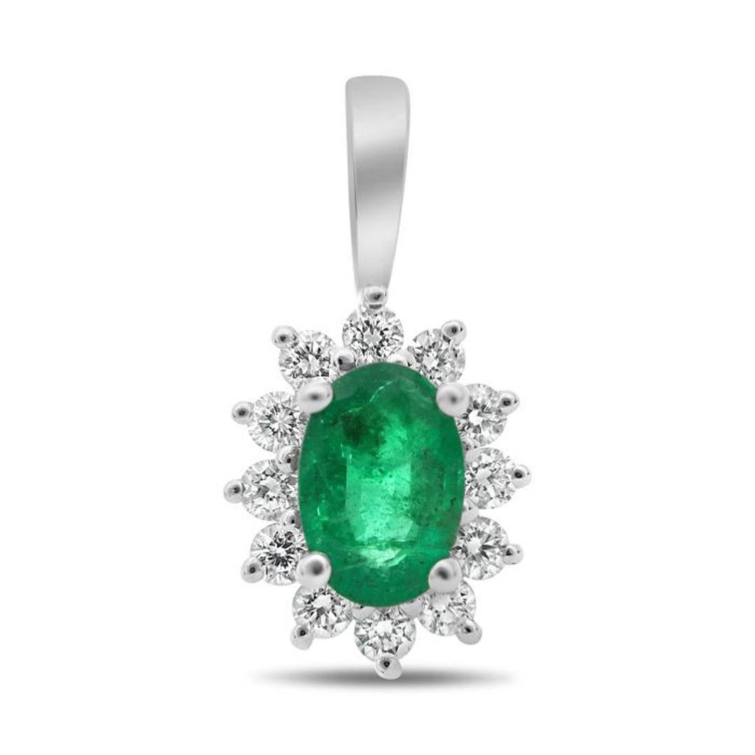 Oval Emerald, White Diamond, and 18 Karat White Gold Halo Pendant In New Condition For Sale In New York, NY