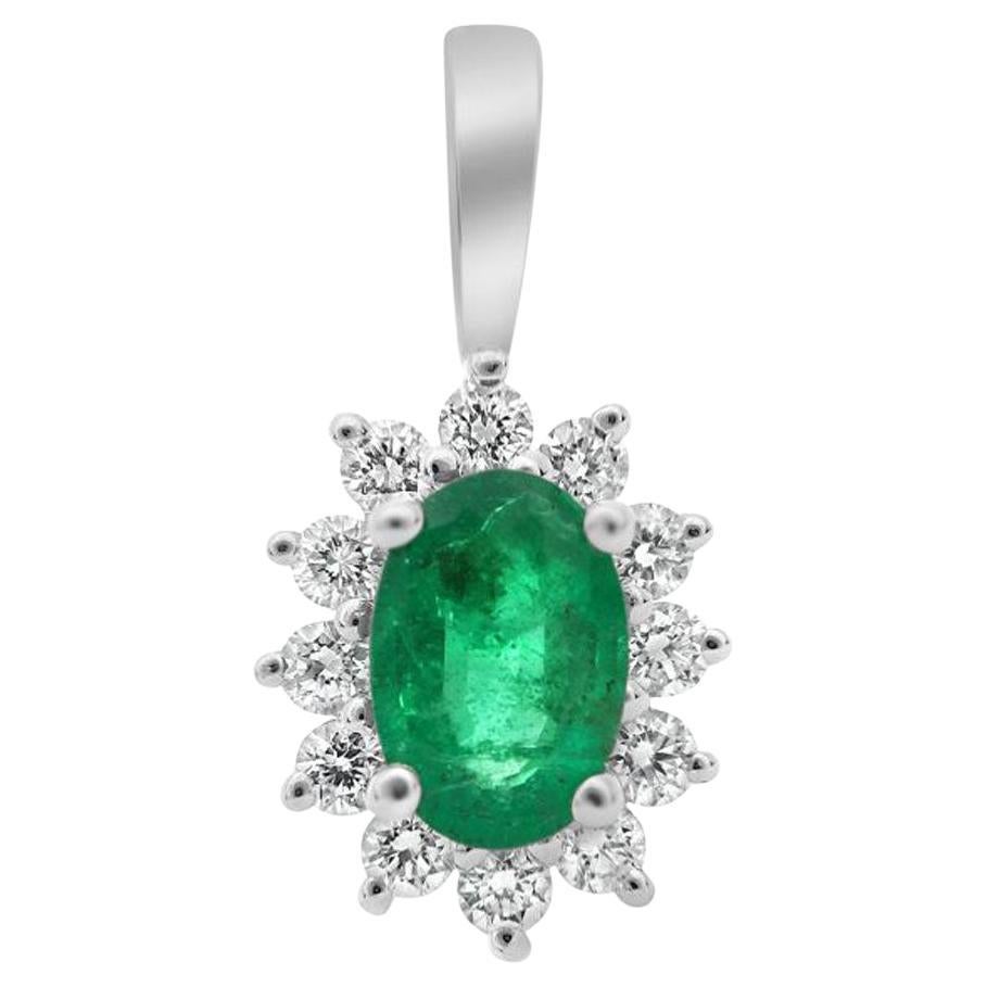 Oval Emerald, White Diamond, and 18 Karat White Gold Halo Pendant For Sale
