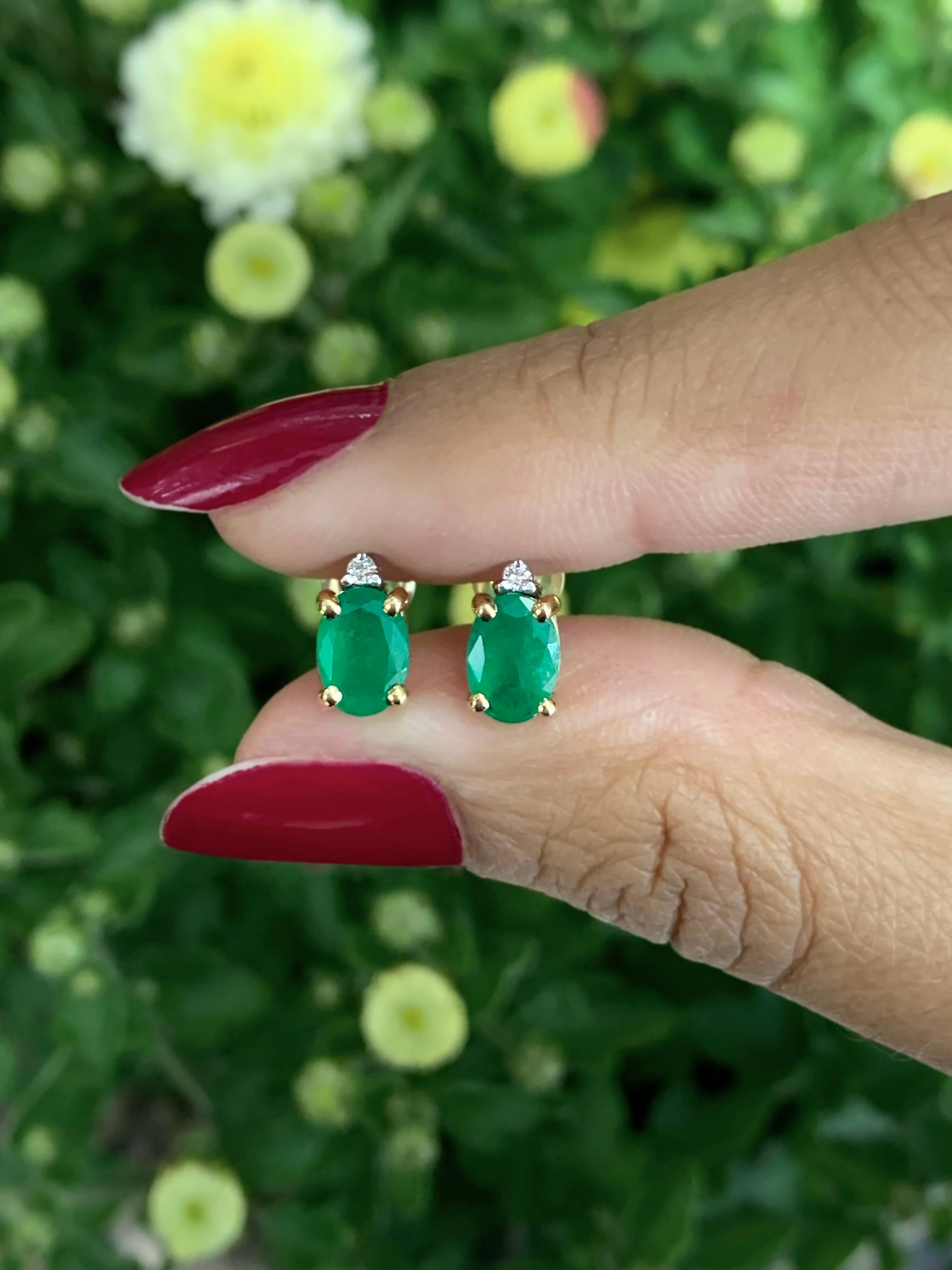 Oval Cut Oval Emerald and Diamond 18 Carat Yellow and White Gold Stud Earrings