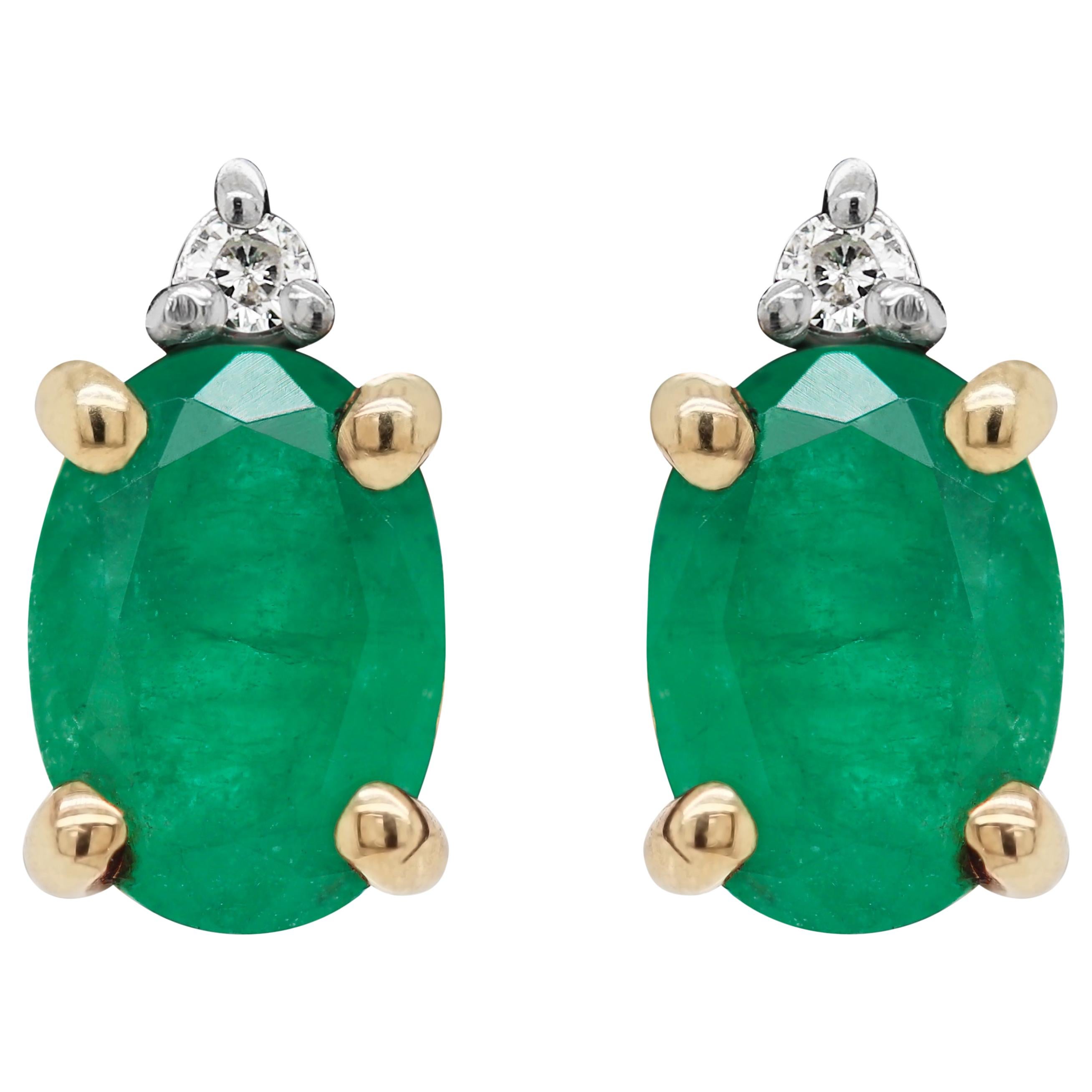 Oval Emerald and Diamond 18 Carat Yellow and White Gold Stud Earrings