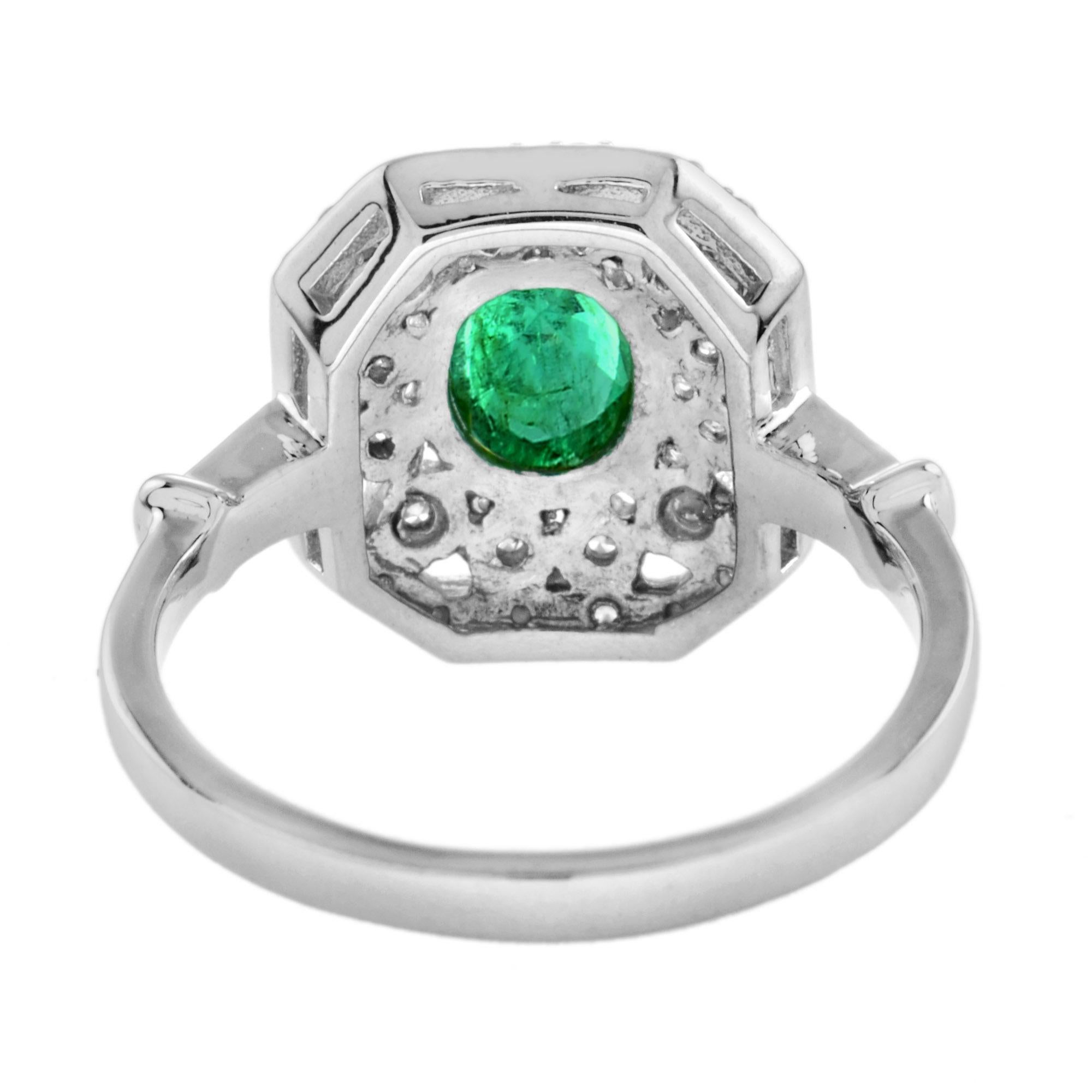 For Sale:  Oval Emerald and Diamond Art Deco Style Octagon Shape Halo Ring in 18K Gold 2
