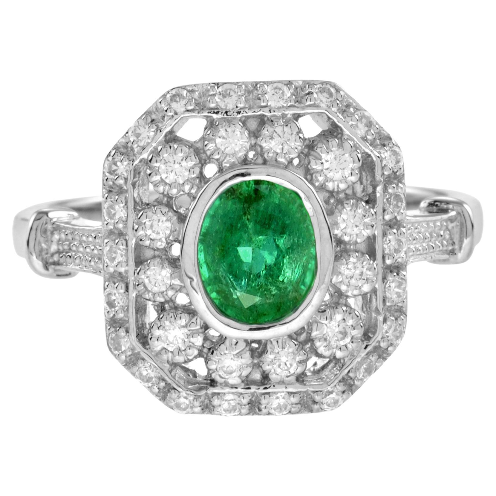 For Sale:  Oval Emerald and Diamond Art Deco Style Octagon Shape Halo Ring in 18K Gold