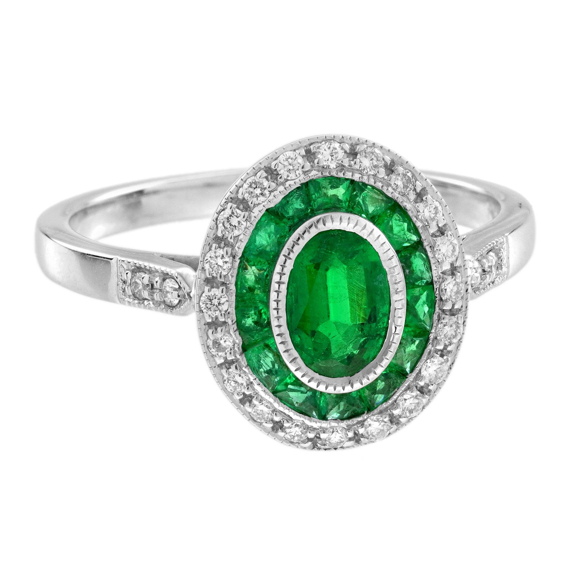 Donna Anello di fidanzamento target con smeraldo ovale e diamante in stile Art Déco in oro bianco 18 carati