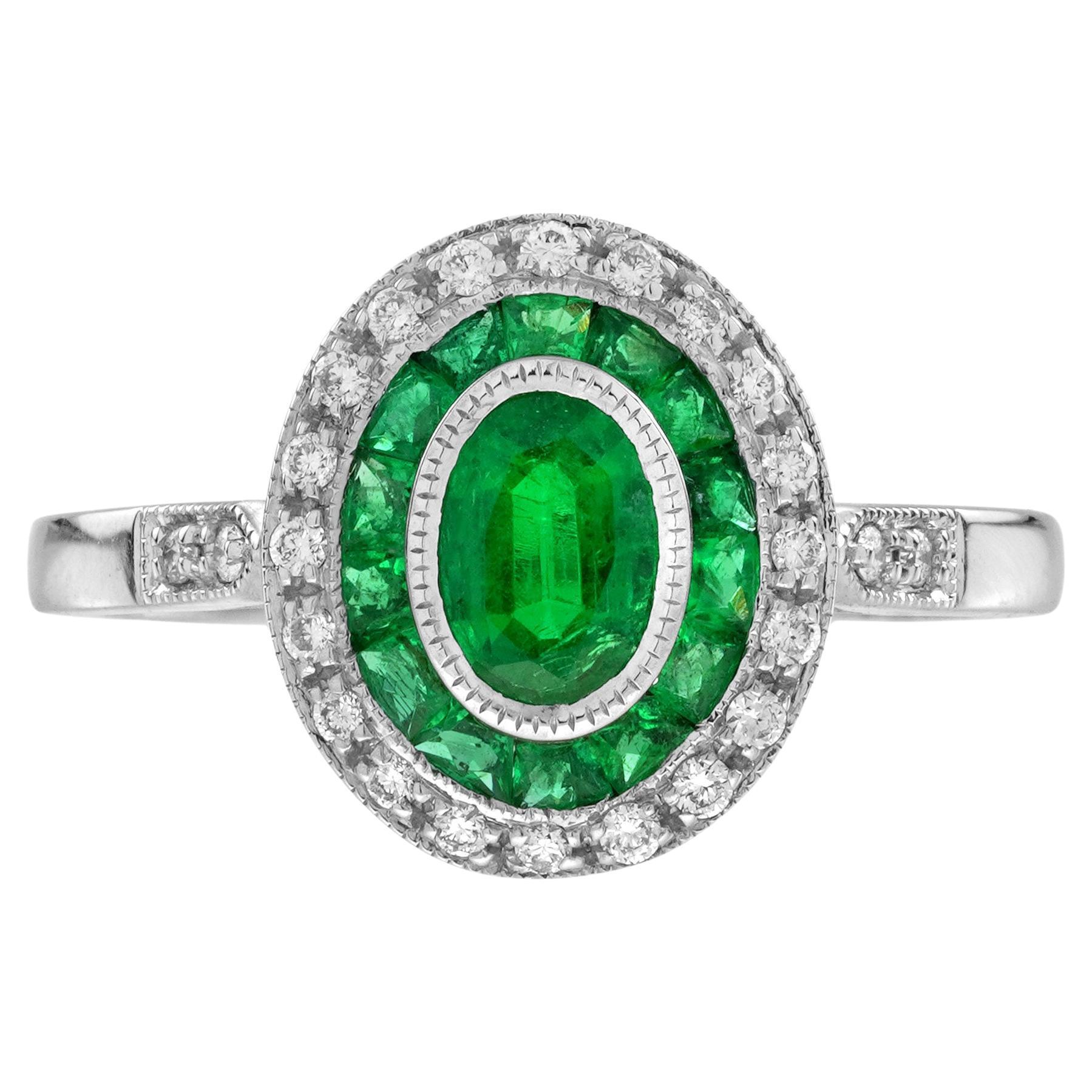 Anello di fidanzamento target con smeraldo ovale e diamante in stile Art Déco in oro bianco 18 carati
