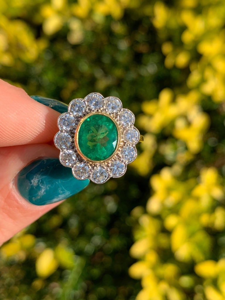 18ct White Gold 0.36ct Round Emerald and Diamond Cluster Ring