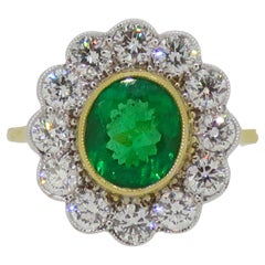 Oval Emerald and Diamond Cluster Ring 18 Karat Yellow and White Gold