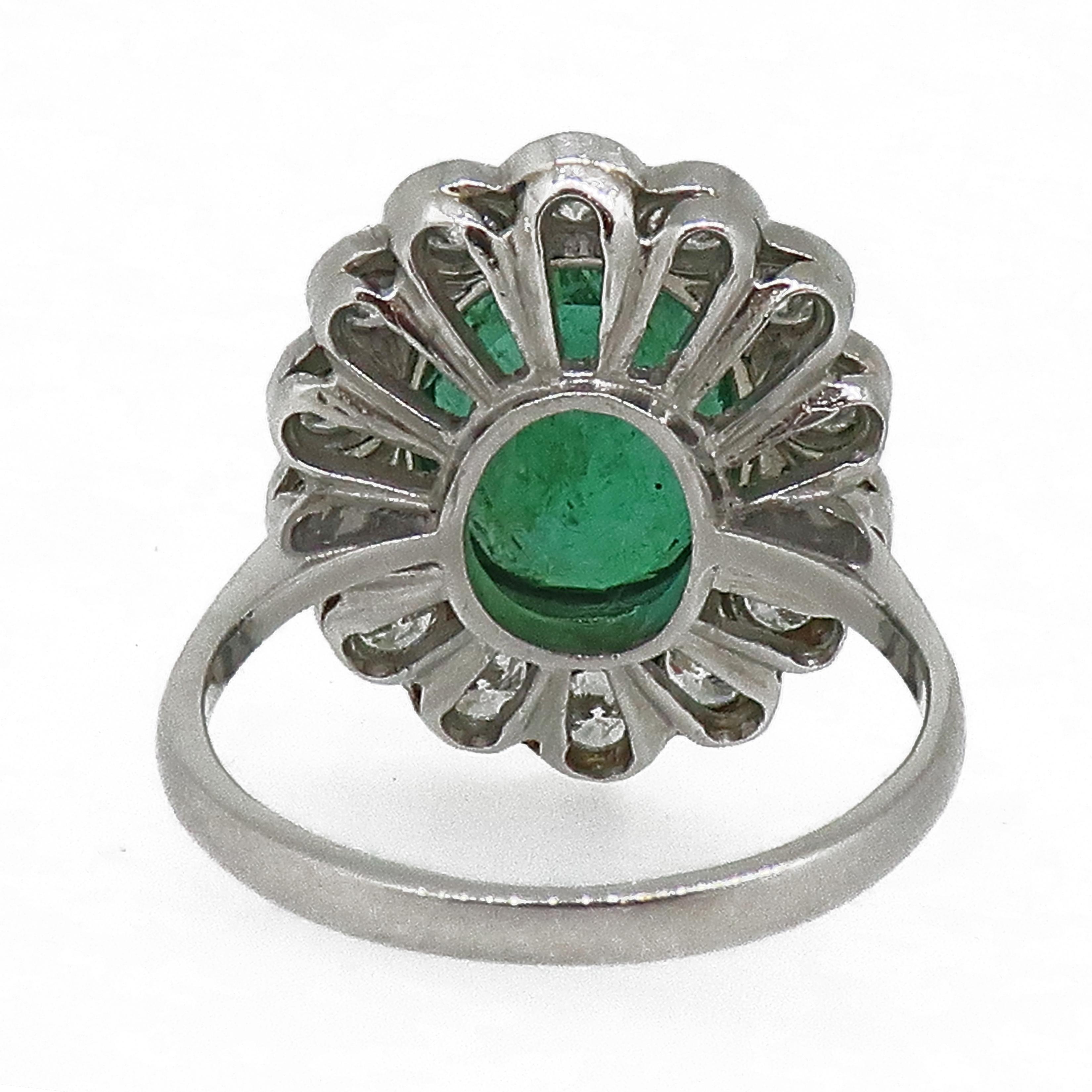 Art Deco Oval Emerald and Diamond Cluster Ring Platinum