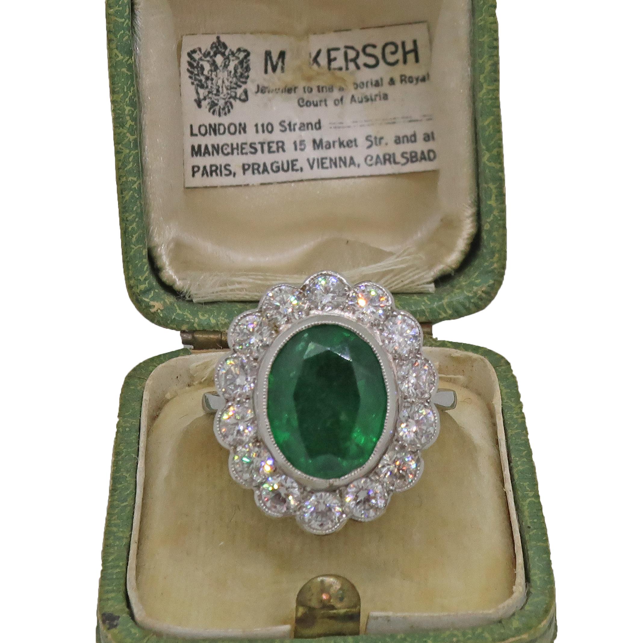 Oval Emerald and Diamond Cluster Ring Platinum 1