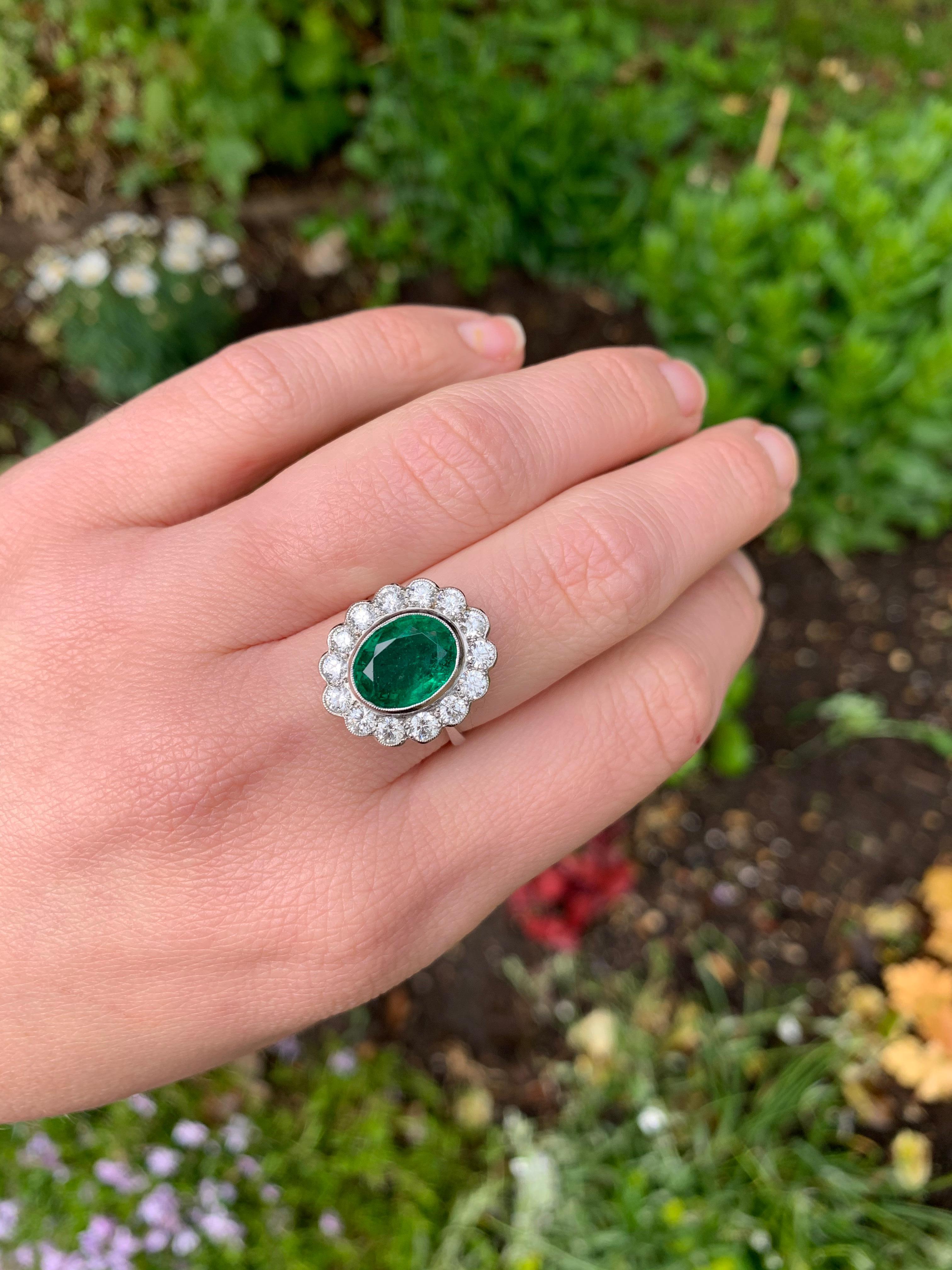 Oval Emerald and Diamond Cluster Ring Platinum 3