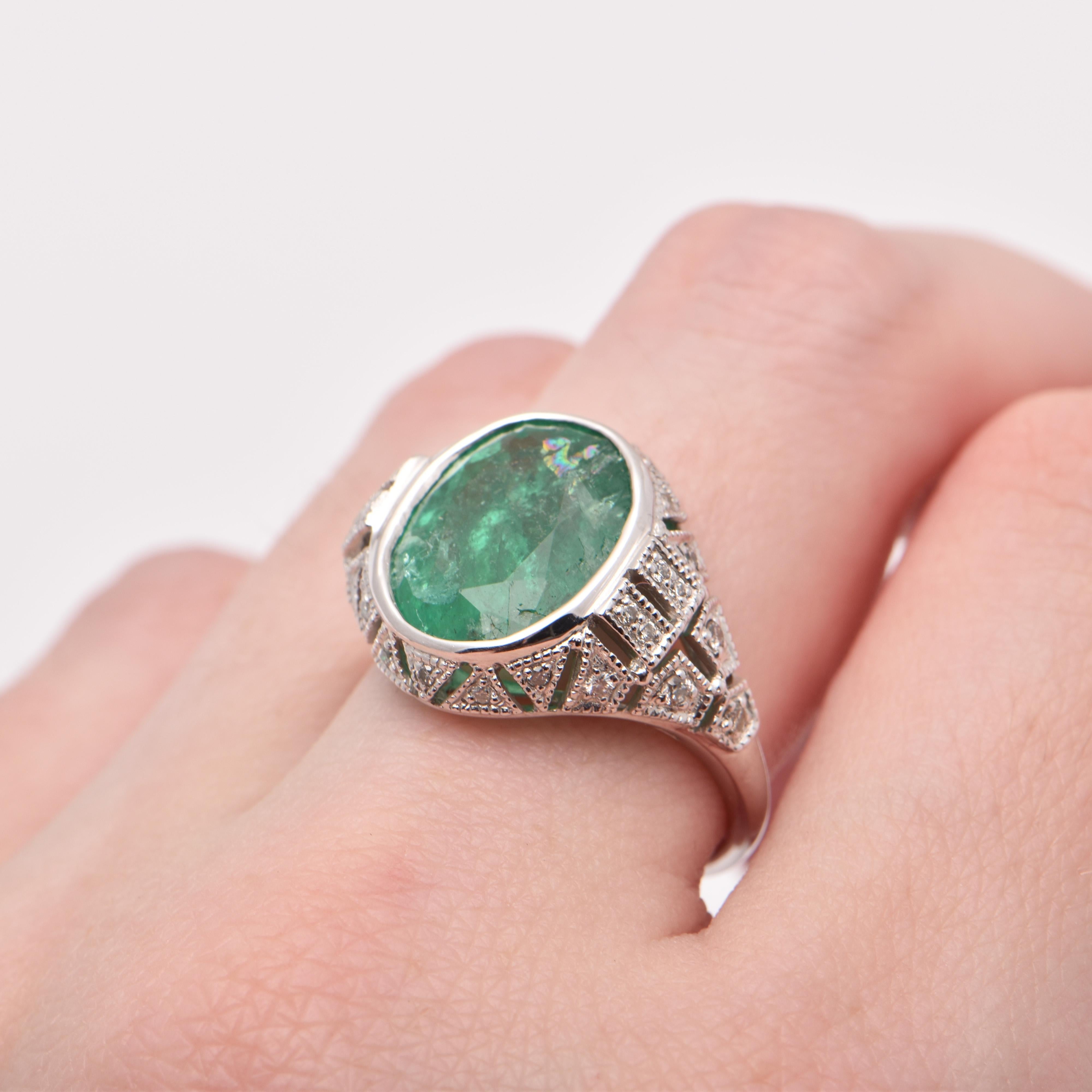 Women's Oval Emerald and Diamond Cocktail Ring in Platinum For Sale
