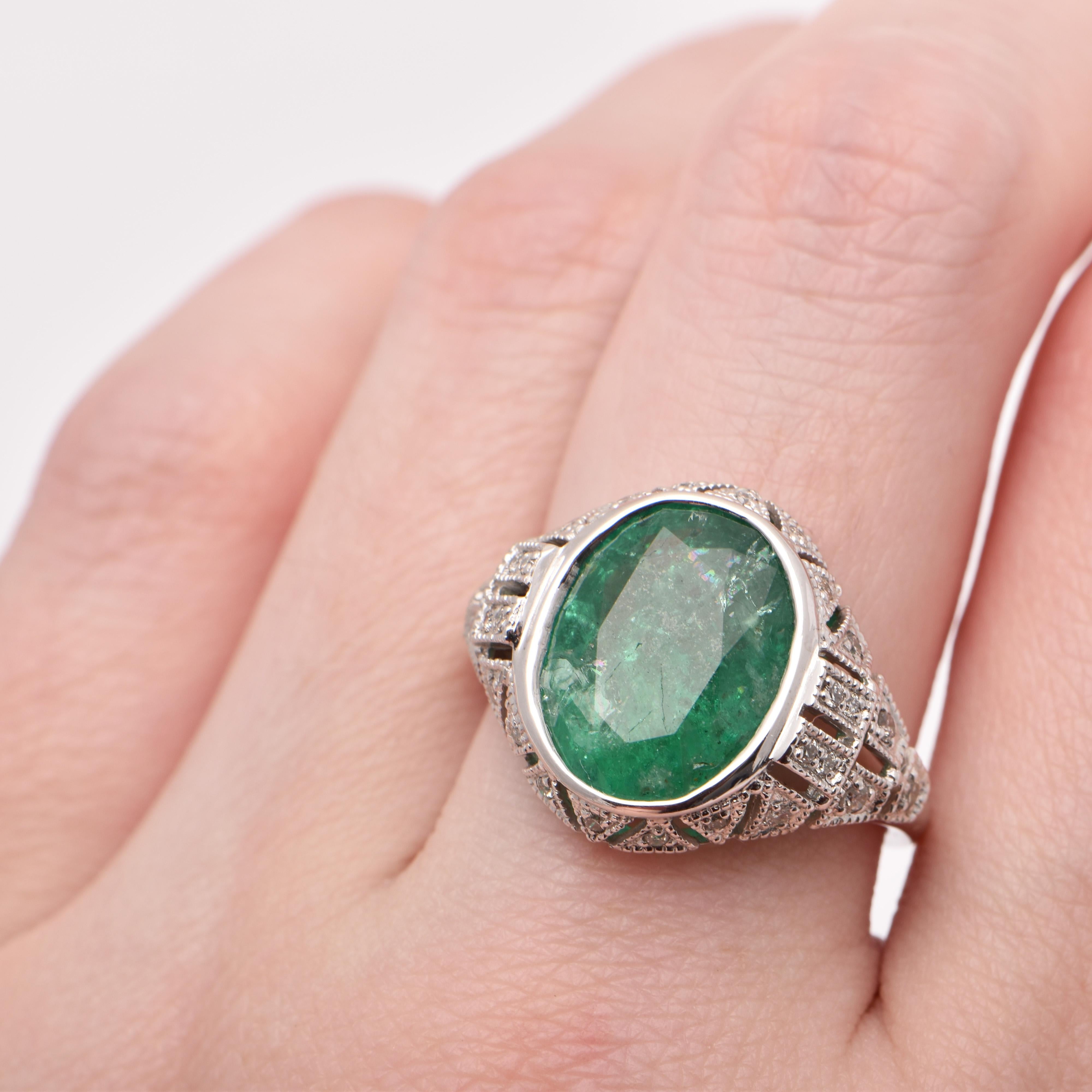 Oval Emerald and Diamond Cocktail Ring in Platinum For Sale 1
