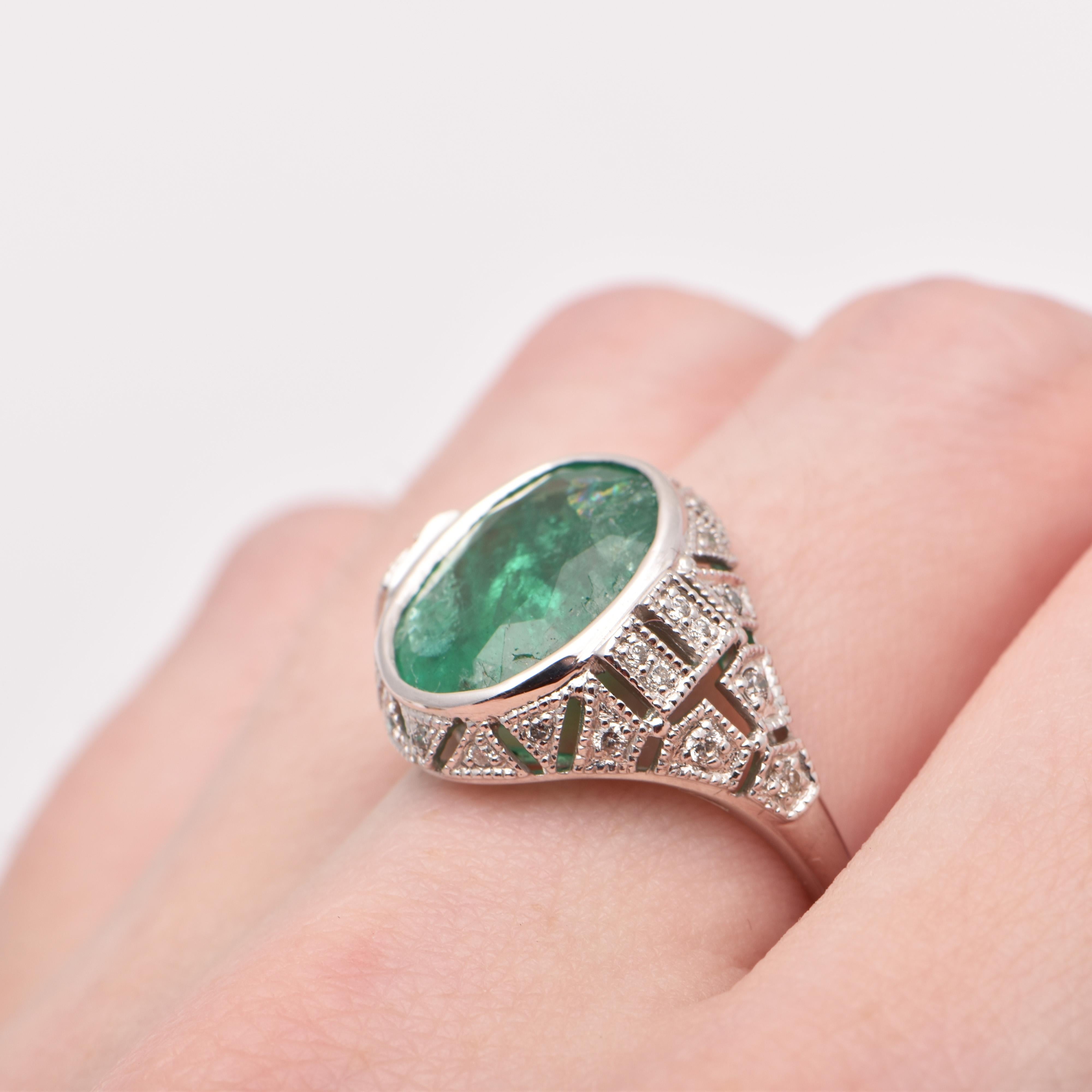 Oval Emerald and Diamond Cocktail Ring in Platinum For Sale 2