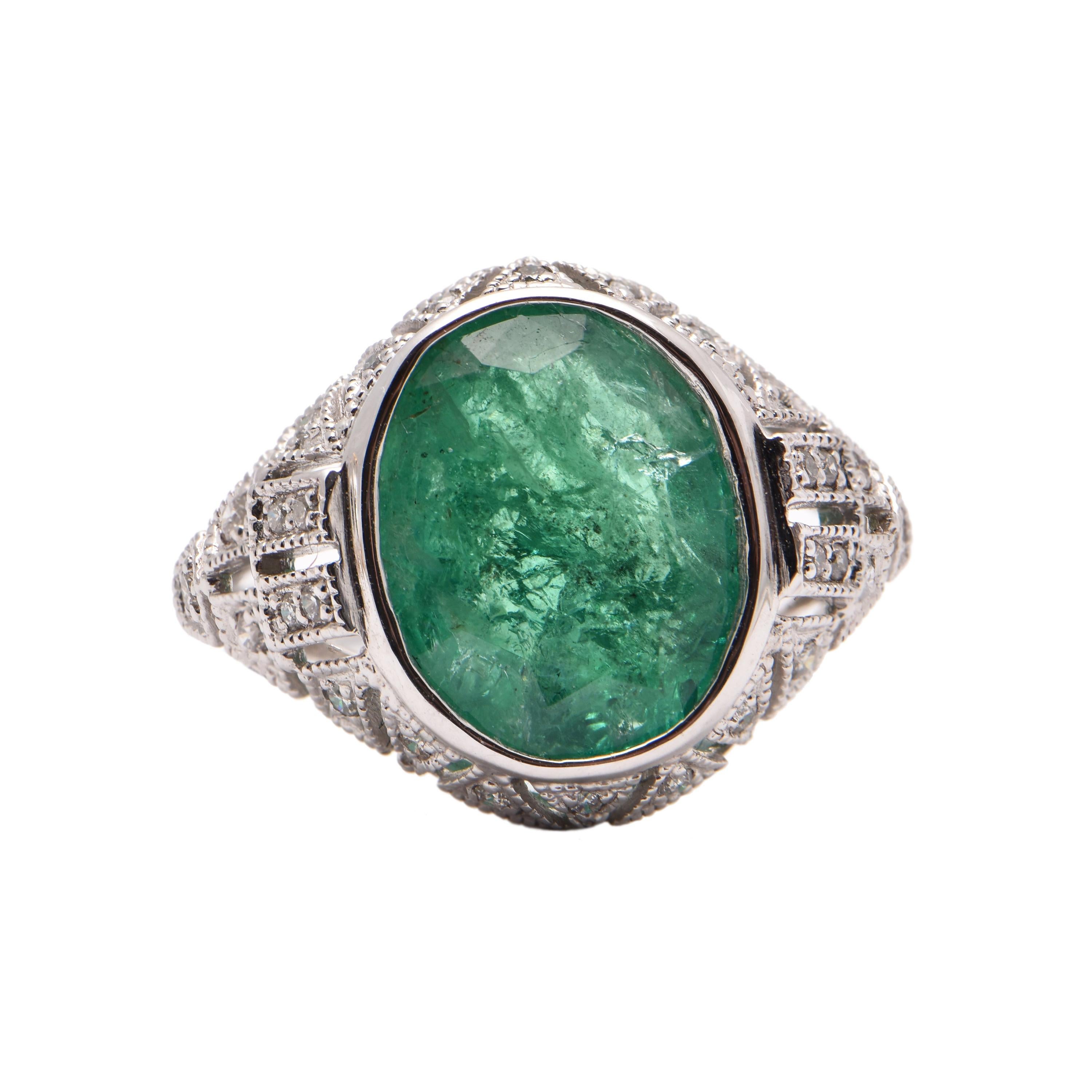 Oval Emerald and Diamond Cocktail Ring in Platinum For Sale